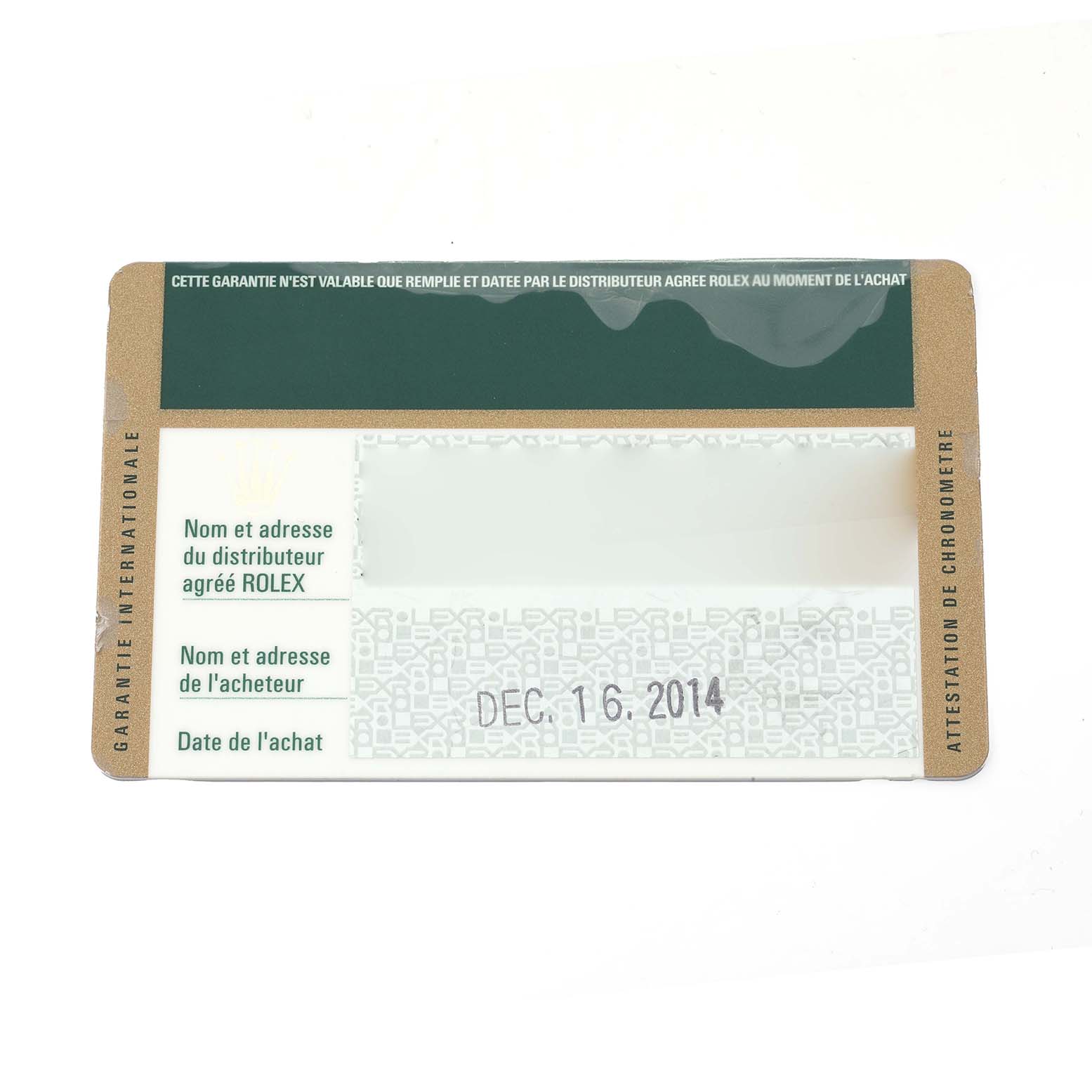 The image shows a warranty card for the Rolex Datejust 41 116334 Men
s Stainless Steel Silver Dial, featuring purchase details and branding elements.