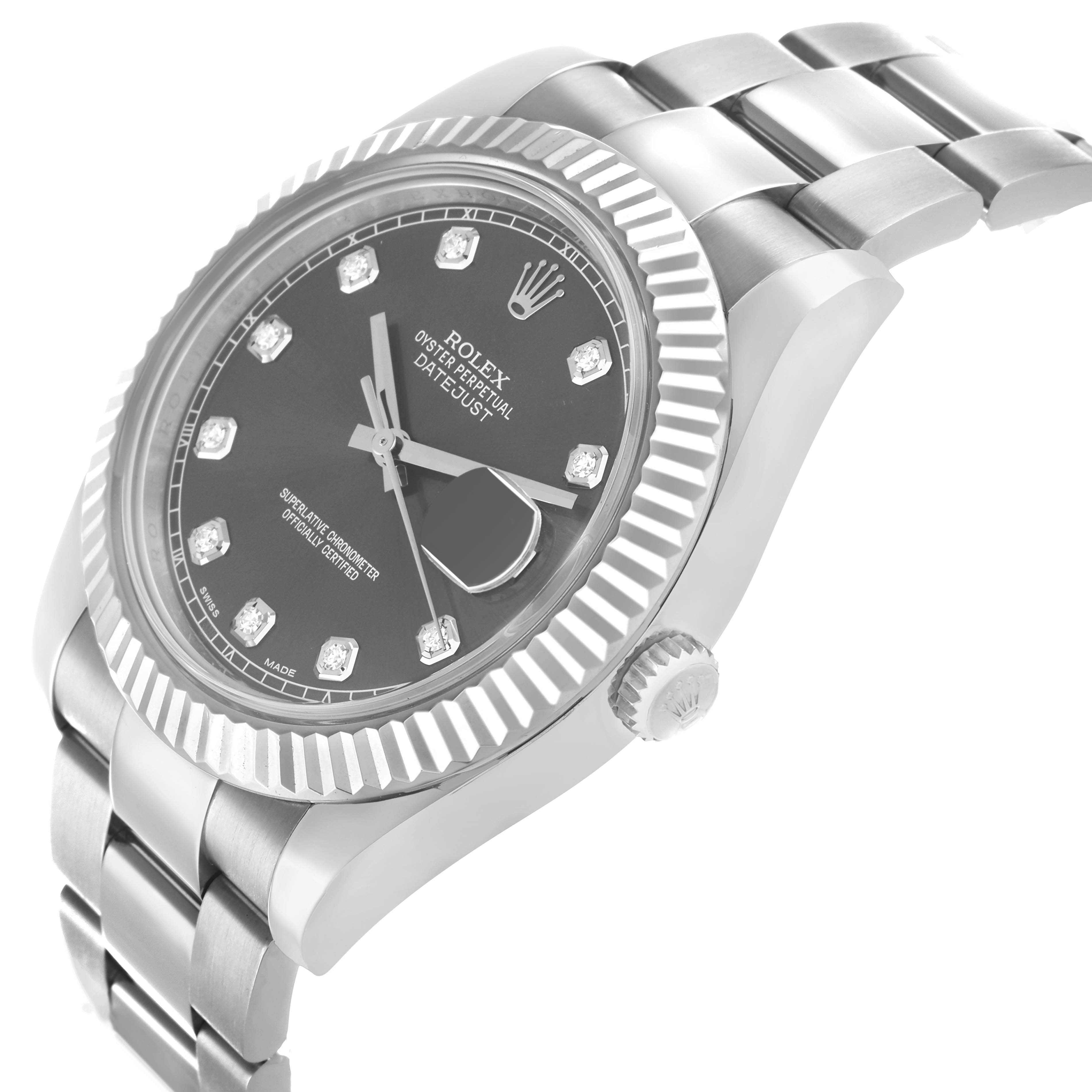 The Rolex Datejust 41 116334 Men
s Stainless Steel Silver Dial is shown at a side angle, highlighting the fluted bezel, dial with diamond markers, and part of the bracelet.