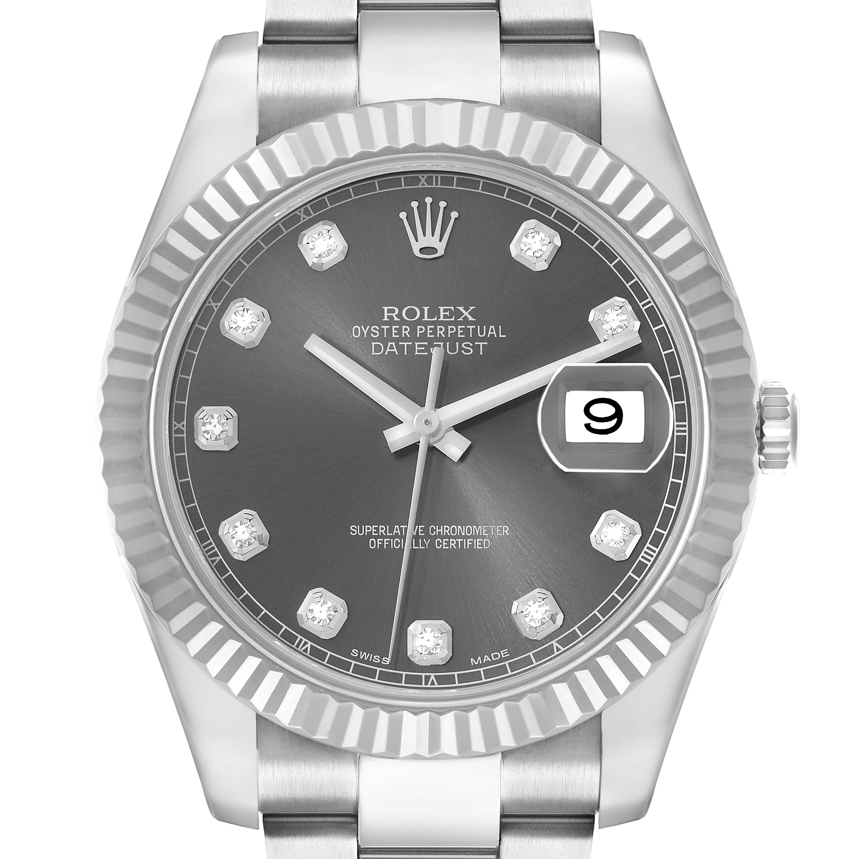 The Rolex Datejust 41 116334 Men
s Stainless Steel Silver Dial is shown from the front, highlighting its face, fluted bezel, and bracelet connection.