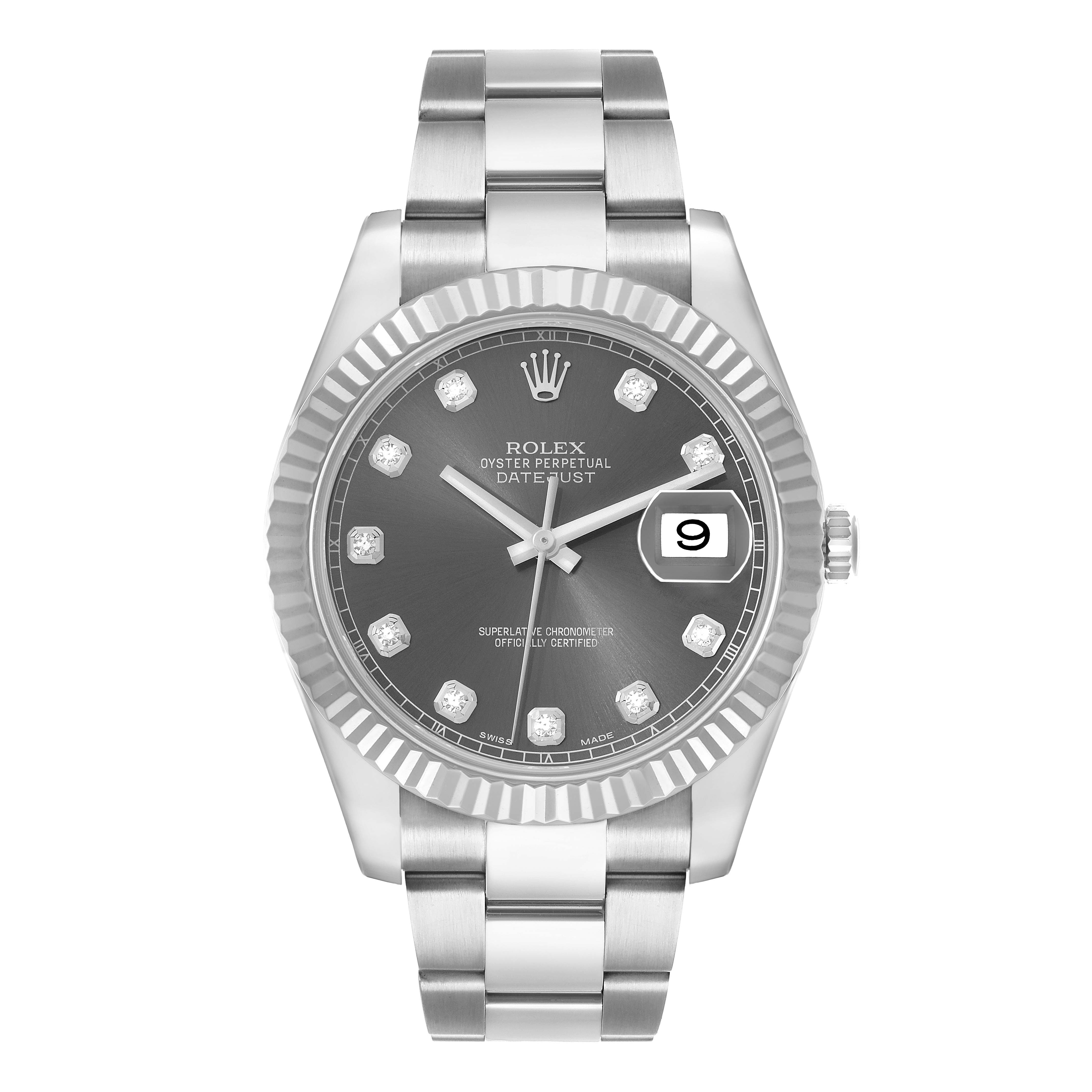 The Rolex Datejust 41 116334 Men
s Stainless Steel Silver Dial is shown from a top-down angle, highlighting the dial, fluted bezel, and bracelet.