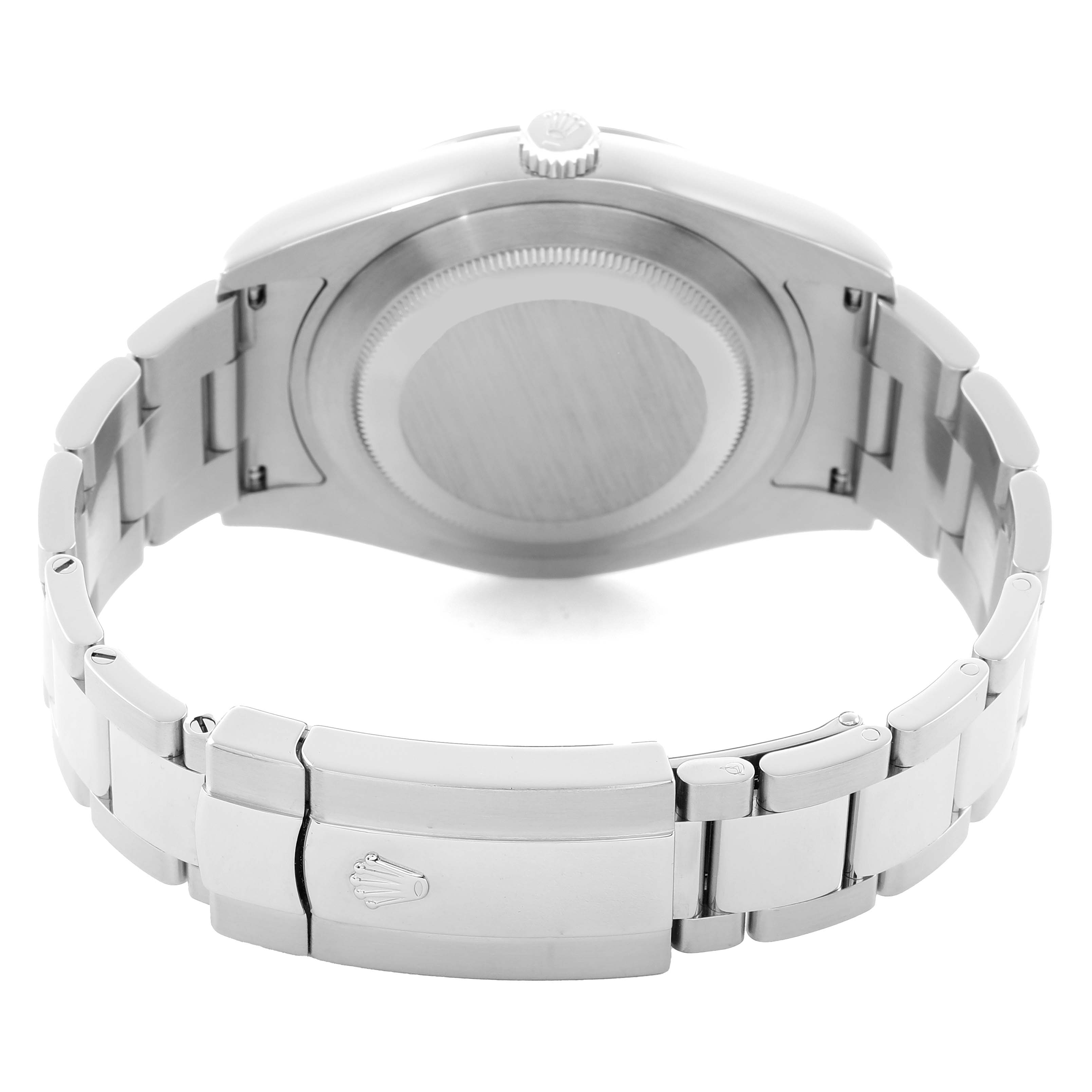 The image shows the back case and bracelet clasp of the Rolex Datejust 41 116334 Men
s Stainless Steel Silver Dial from a rear angle.