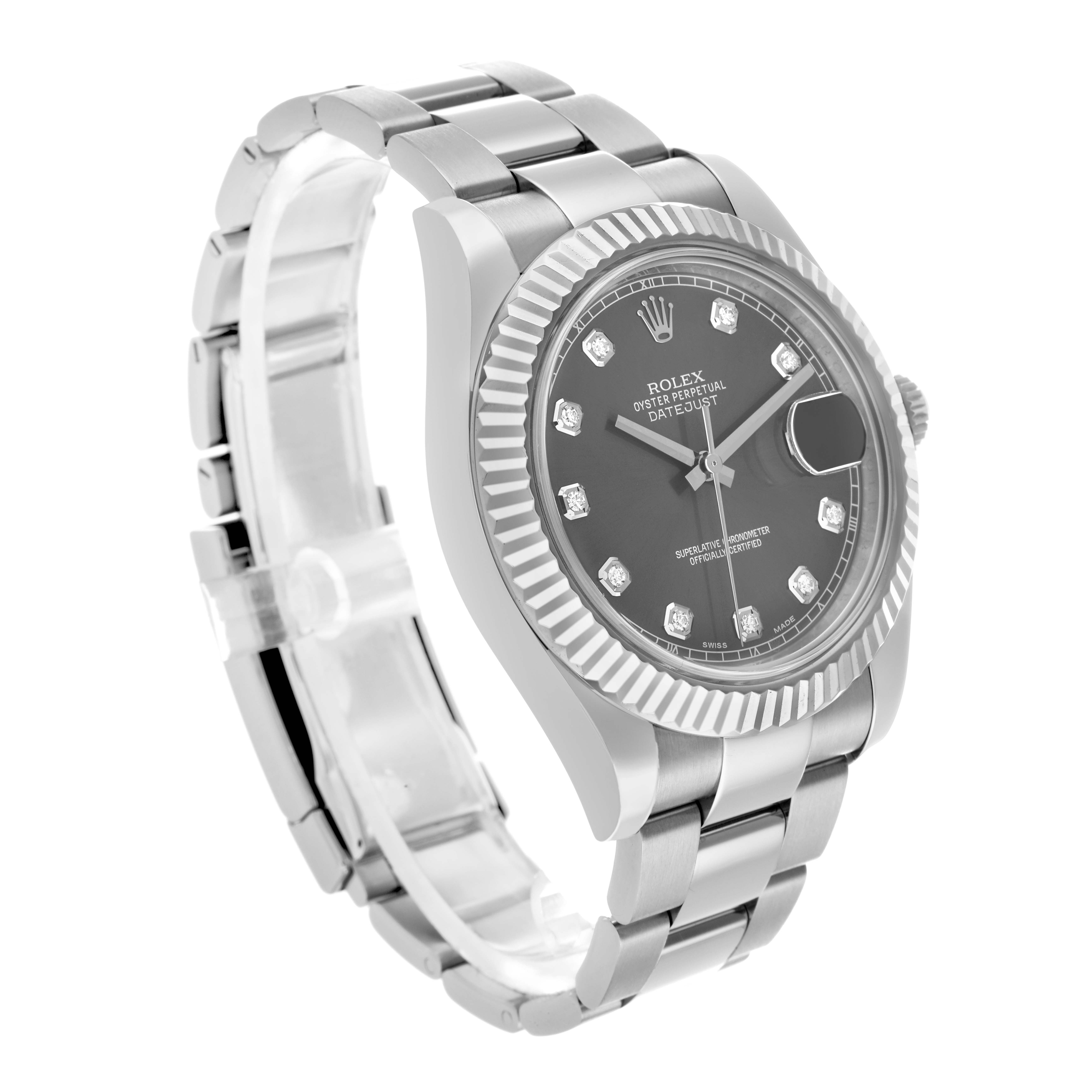 The Rolex Datejust 41 116334 Men
s Stainless Steel Silver Dial is shown at a three-quarter angle, highlighting the dial, fluted bezel, and bracelet.
