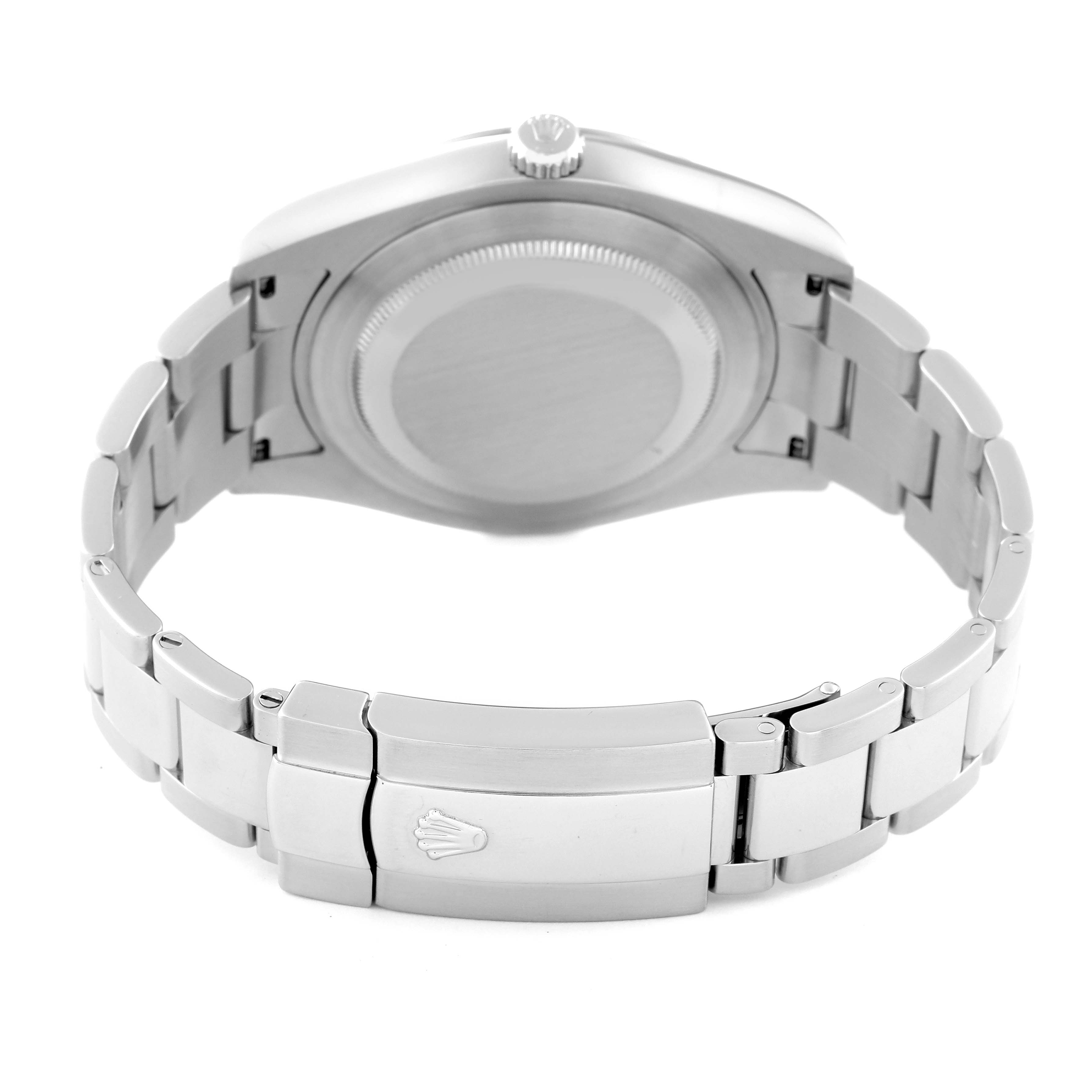 This image displays the back view of a Rolex Datejust 41 116334 Men
s Stainless Steel Silver Dial 116334 Men
s Stainless Steel Silver Dial watch, highlighting its clasp and bracelet.