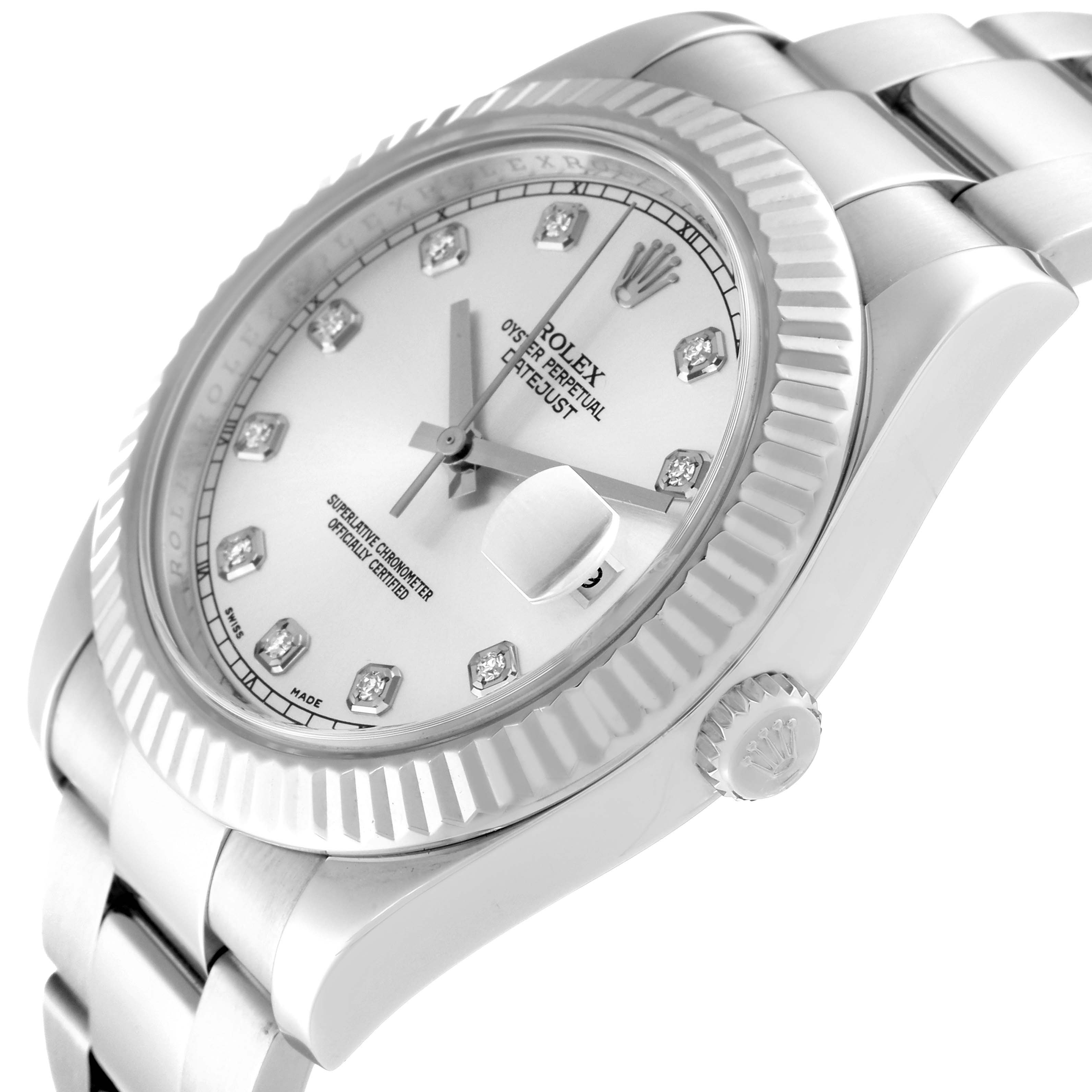 This image shows a close-up side angle of the Rolex Datejust 41 116334 Men
s Stainless Steel Silver Dial 116334 Men
s Stainless Steel Silver Dial, highlighting the dial, fluted bezel, crown, and part of the bracelet.