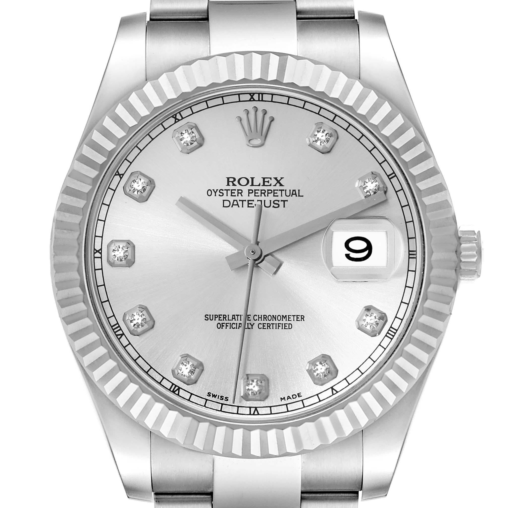 This Rolex Datejust 41 116334 Men
s Stainless Steel Silver Dial 116334 Men
s Stainless Steel Silver Dial watch is shown from a front angle, highlighting the dial, bezel, and part of the bracelet.