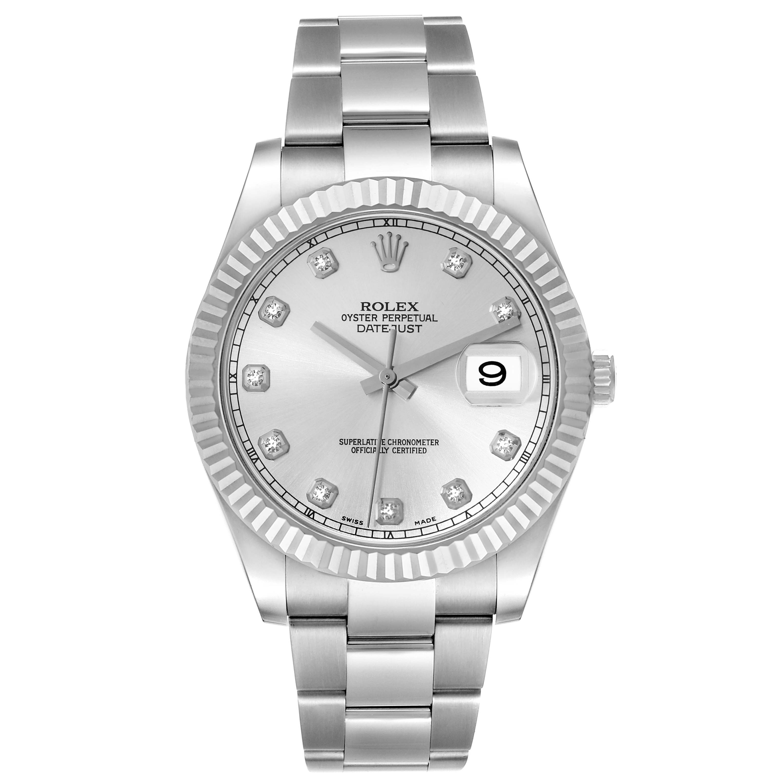 This image displays a front angle of the Rolex Datejust 41 116334 Men
s Stainless Steel Silver Dial 116334 Men
s Stainless Steel Silver Dial, showcasing its dial, bezel, bracelet, and date window.