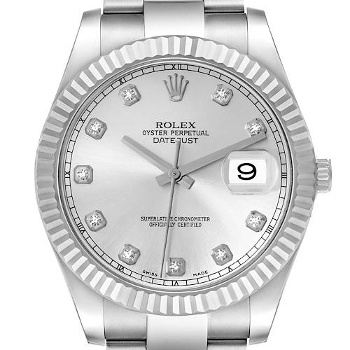 This image shows a front view of a Rolex Datejust 41 watch, highlighting the dial, bezel, and bracelet.