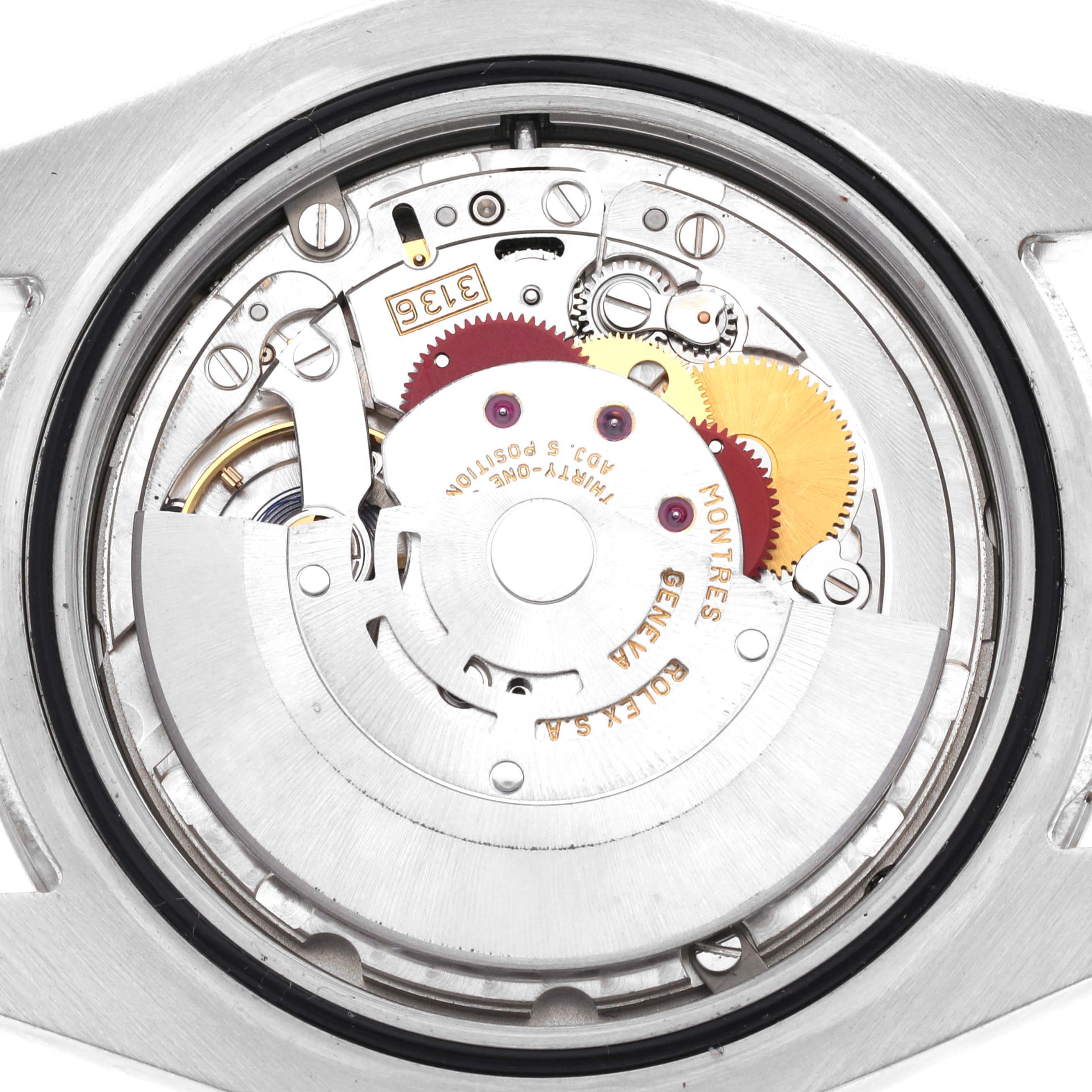This is an image of the movement mechanism of a Rolex Datejust 41 116334 Men
s Stainless Steel Silver Dial 116334 Men
s Stainless Steel Silver Dial watch, viewed from the back.