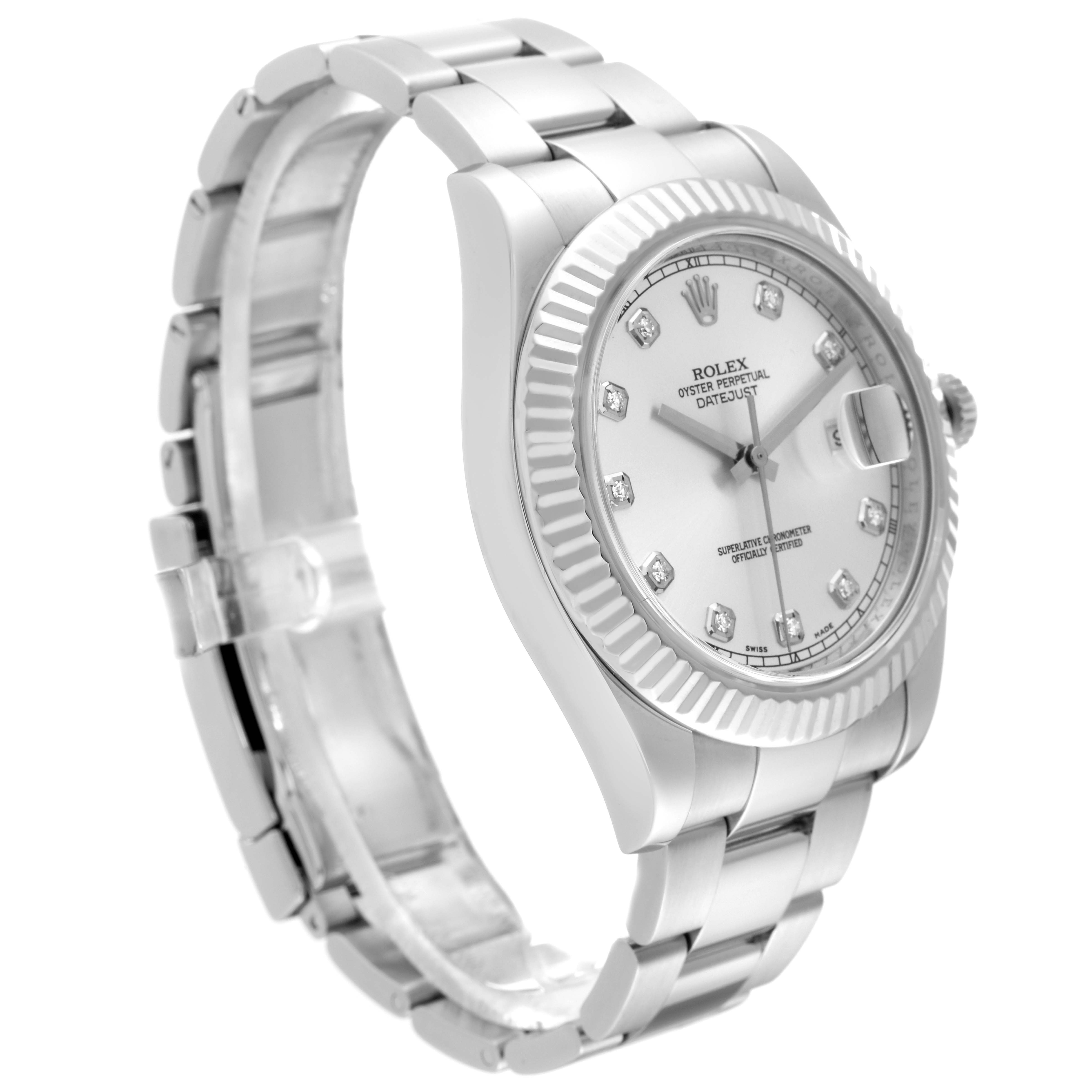 This image shows a Rolex Datejust 41 116334 Men
s Stainless Steel Silver Dial 116334 Men
s Stainless Steel Silver Dial model from a three-quarter angle, highlighting the watch face, bezel, and bracelet.