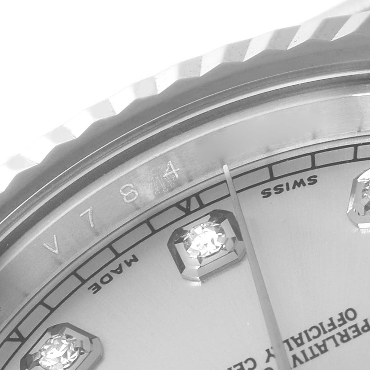 This image shows a close-up angle of the dial, diamond hour marker, and part of the fluted bezel of a Rolex Datejust 41 116334 Men
s Stainless Steel Silver Dial 116334 Men
s Stainless Steel Silver Dial watch.