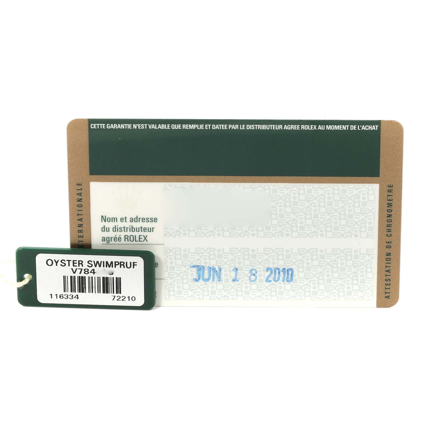 The image shows a warranty card and an attached green tag for the Rolex Datejust 41 116334 Men
s Stainless Steel Silver Dial 116334 Men
s Stainless Steel Silver Dial model, labeled "Oyster Swimpruf."