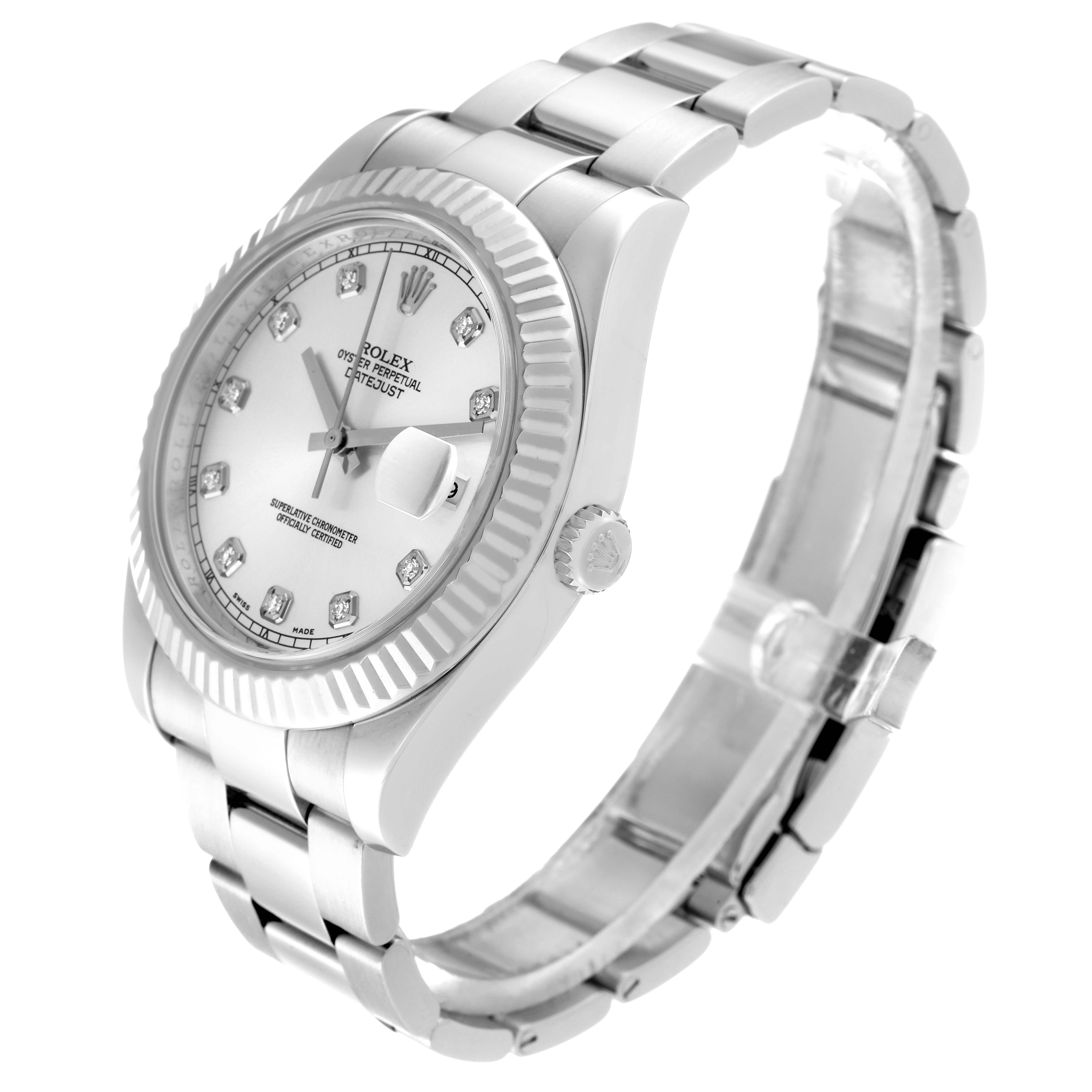 The image shows a side angle view of a Rolex Datejust 41 116334 Men
s Stainless Steel Silver Dial 116334 Men
s Stainless Steel Silver Dial watch, highlighting the watch face, crown, and bracelet.