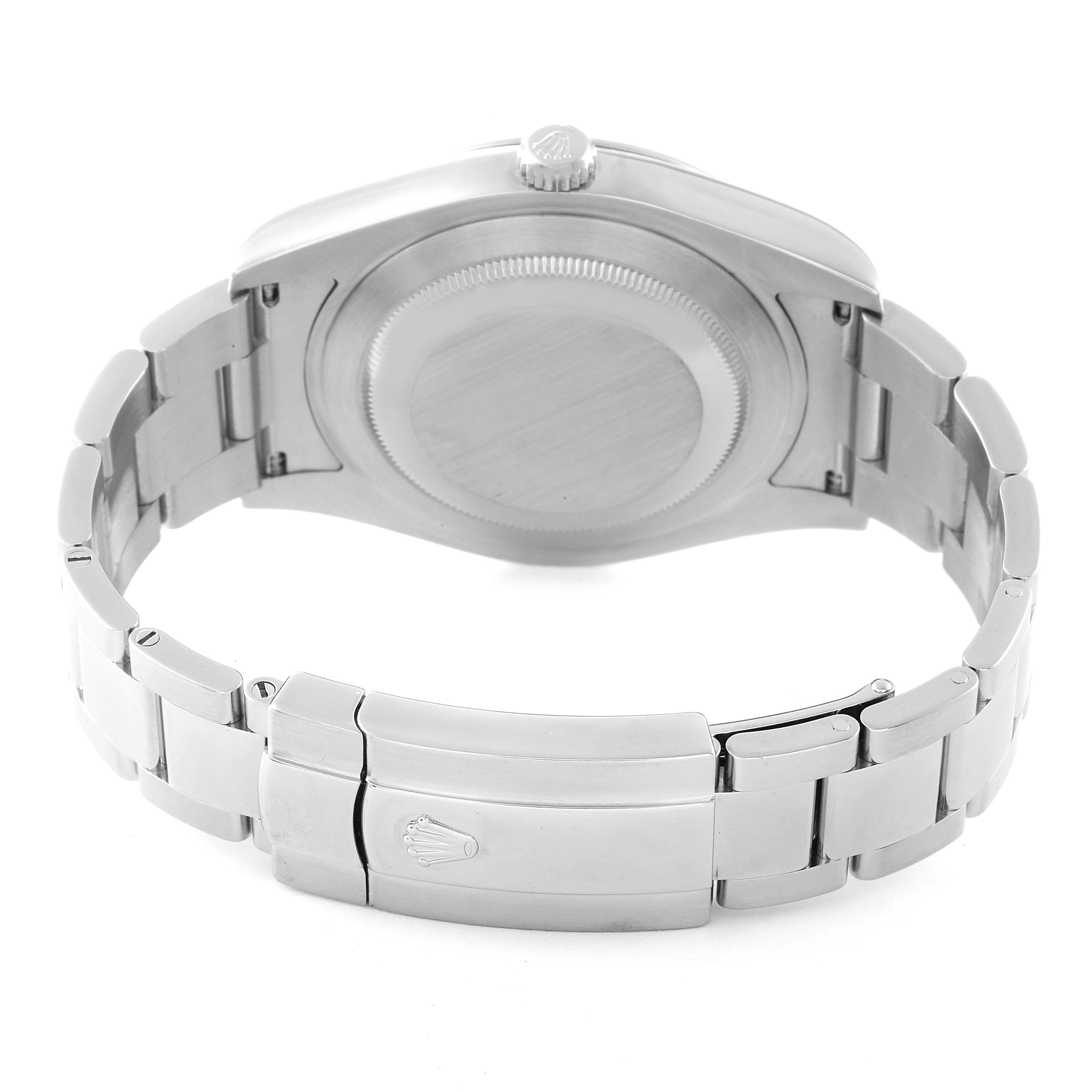 This image shows the back of the Rolex Datejust 41 116300 Men's Stainless Steel Blue Dial 116300 Men's Stainless Steel Blue Dial watch and its metal bracelet clasp.