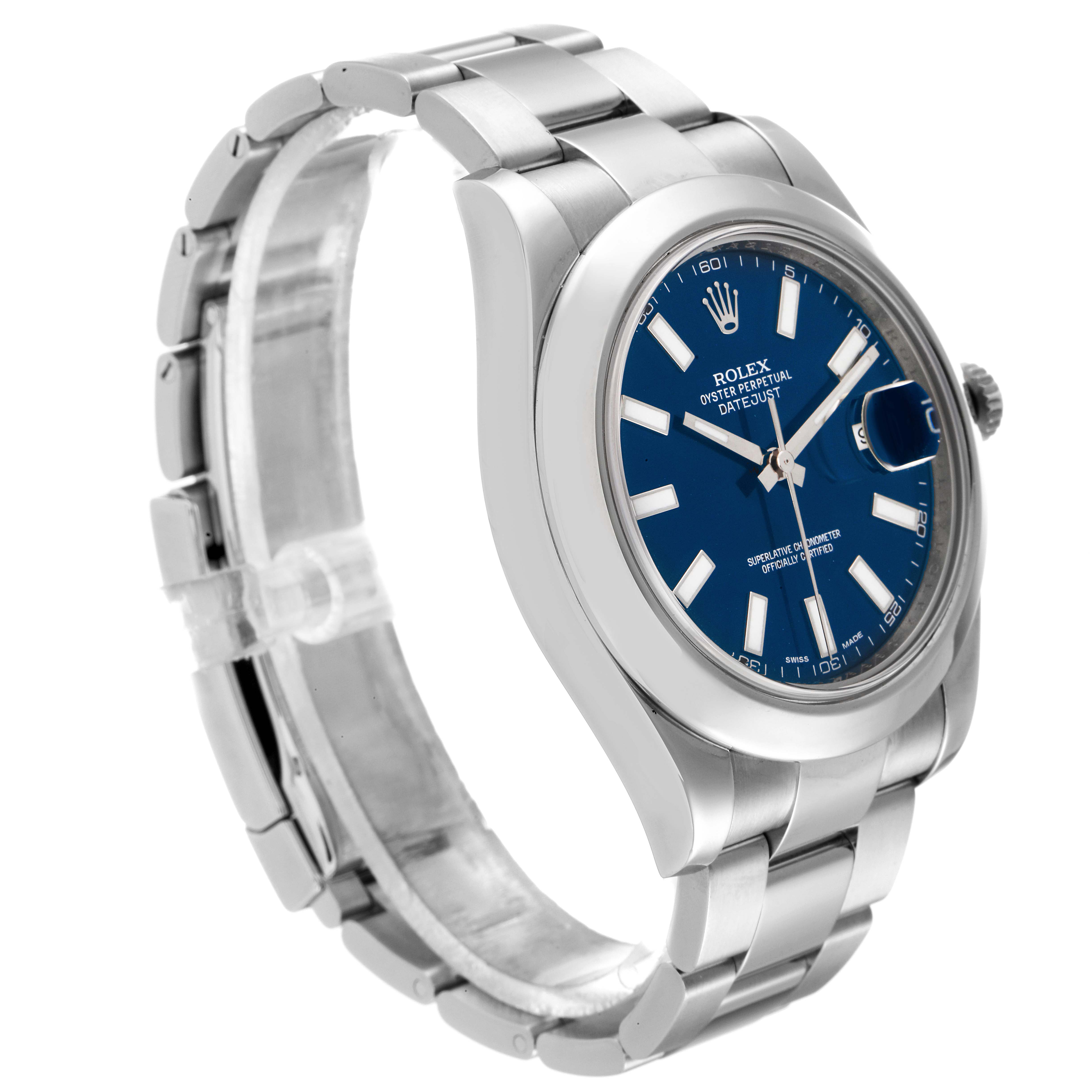 The Datejust 41 Rolex watch is shown from a side angle, featuring its bracelet, case, and blue dial.