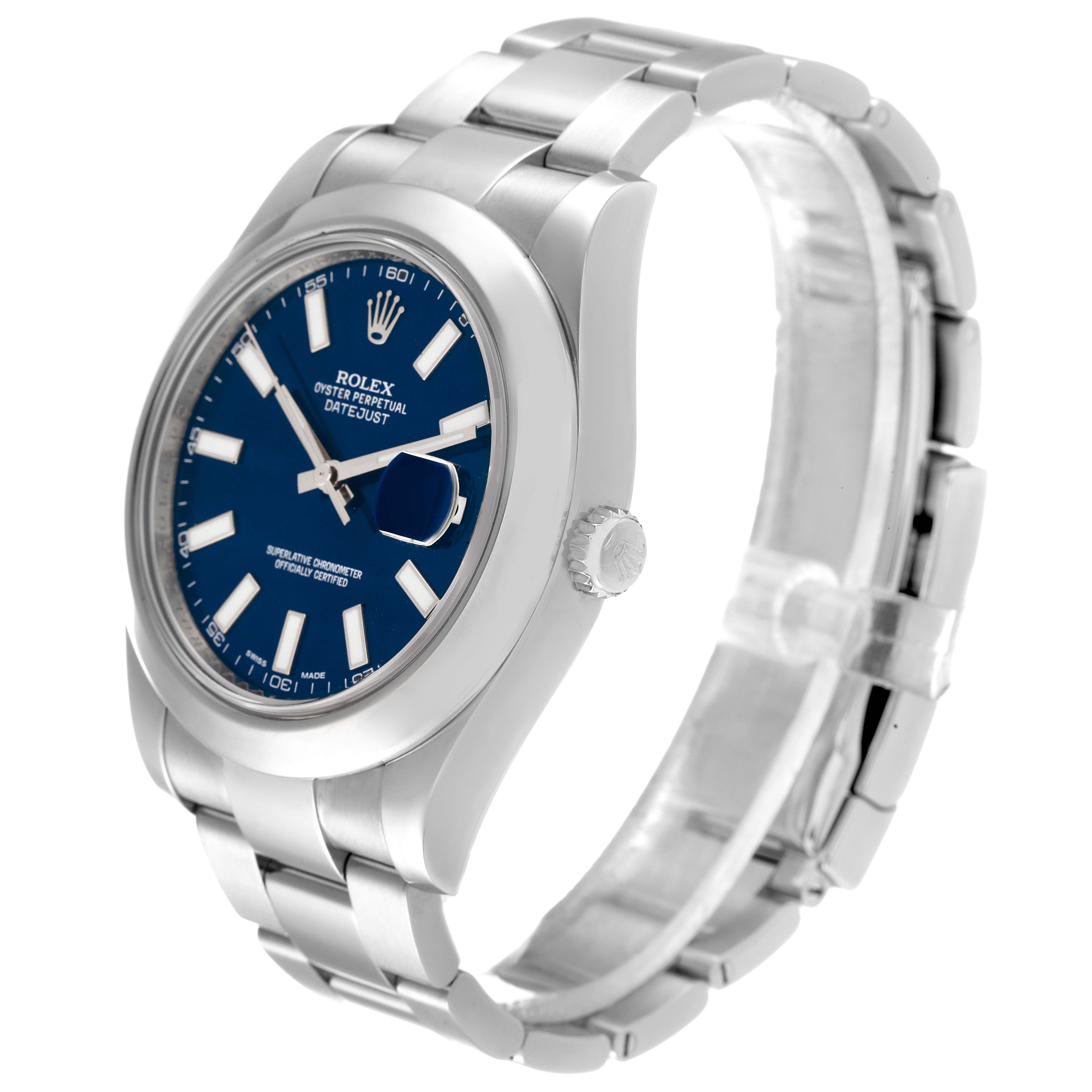The Rolex Datejust 41 116300 Men's Stainless Steel Blue Dial 116300 Men's Stainless Steel Blue Dial watch is shown at an angled close-up, displaying the blue dial, stainless steel case, and bracelet.