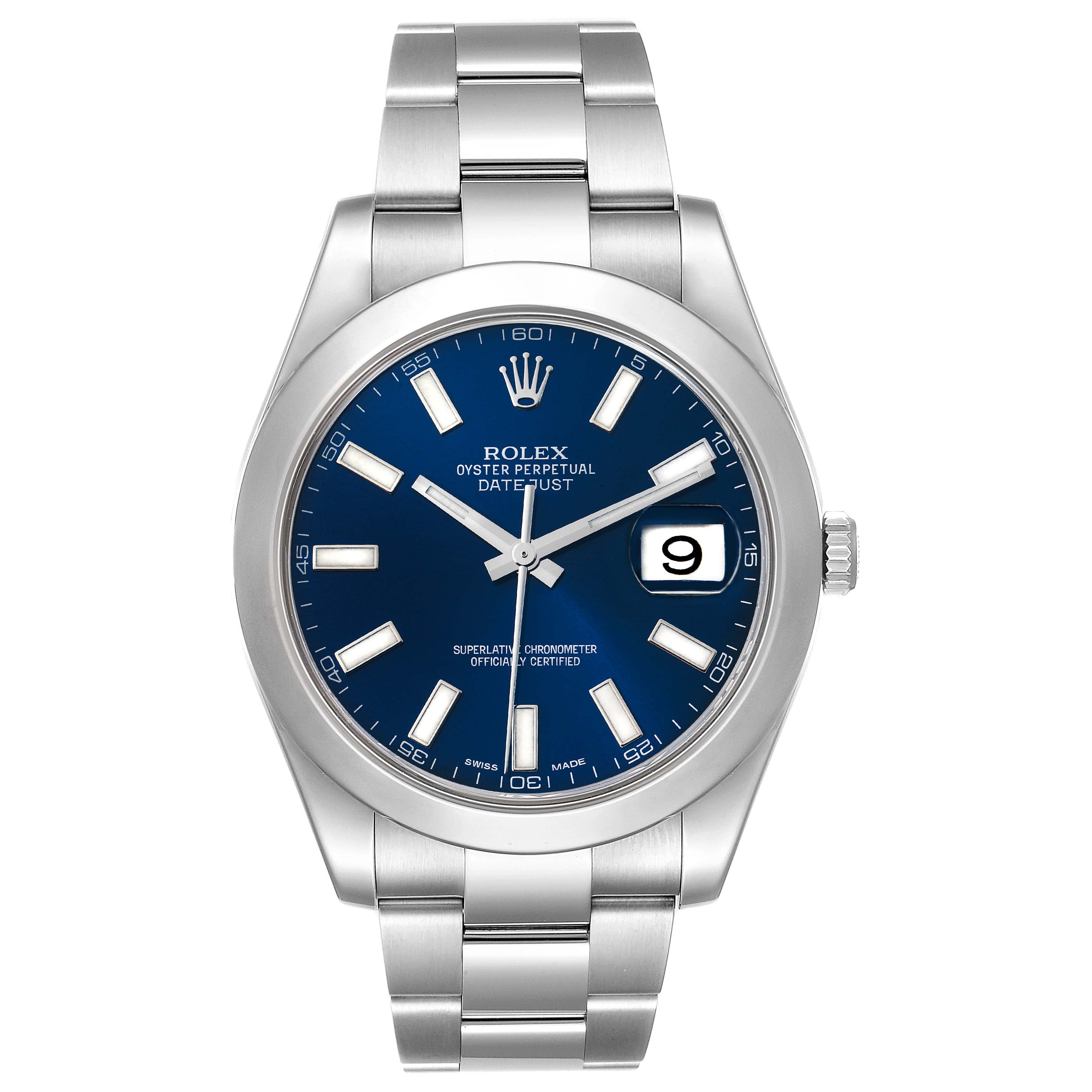 This image shows a front view of the Rolex Datejust 41 116300 Men's Stainless Steel Blue Dial 116300 Men's Stainless Steel Blue Dial watch, featuring its blue dial, date display, and stainless steel bracelet.