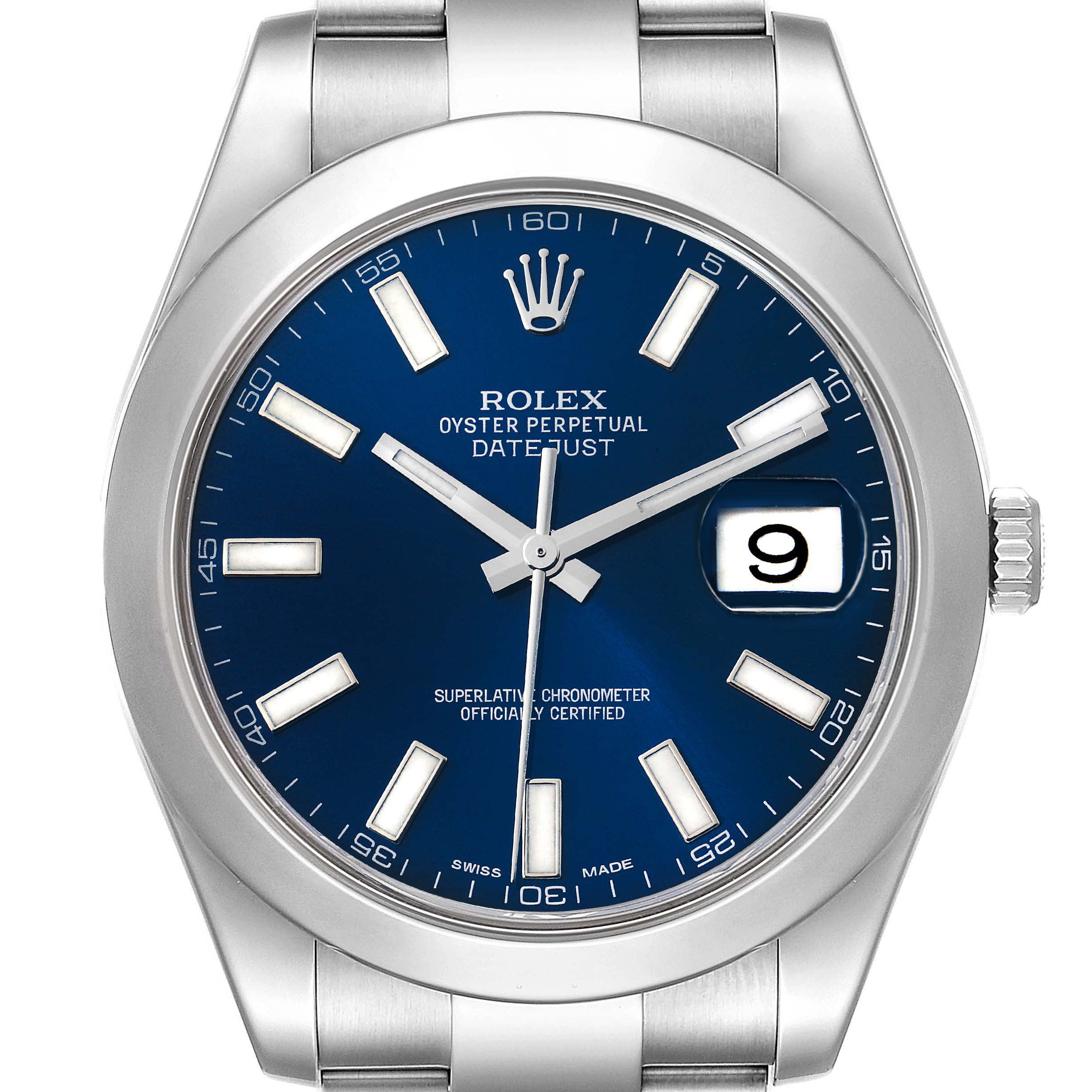 This image shows a frontal view of the Rolex Datejust 41 116300 Men's Stainless Steel Blue Dial 116300 Men's Stainless Steel Blue Dial watch, highlighting the blue dial, hour markers, hands, date window, and part of the bracelet.