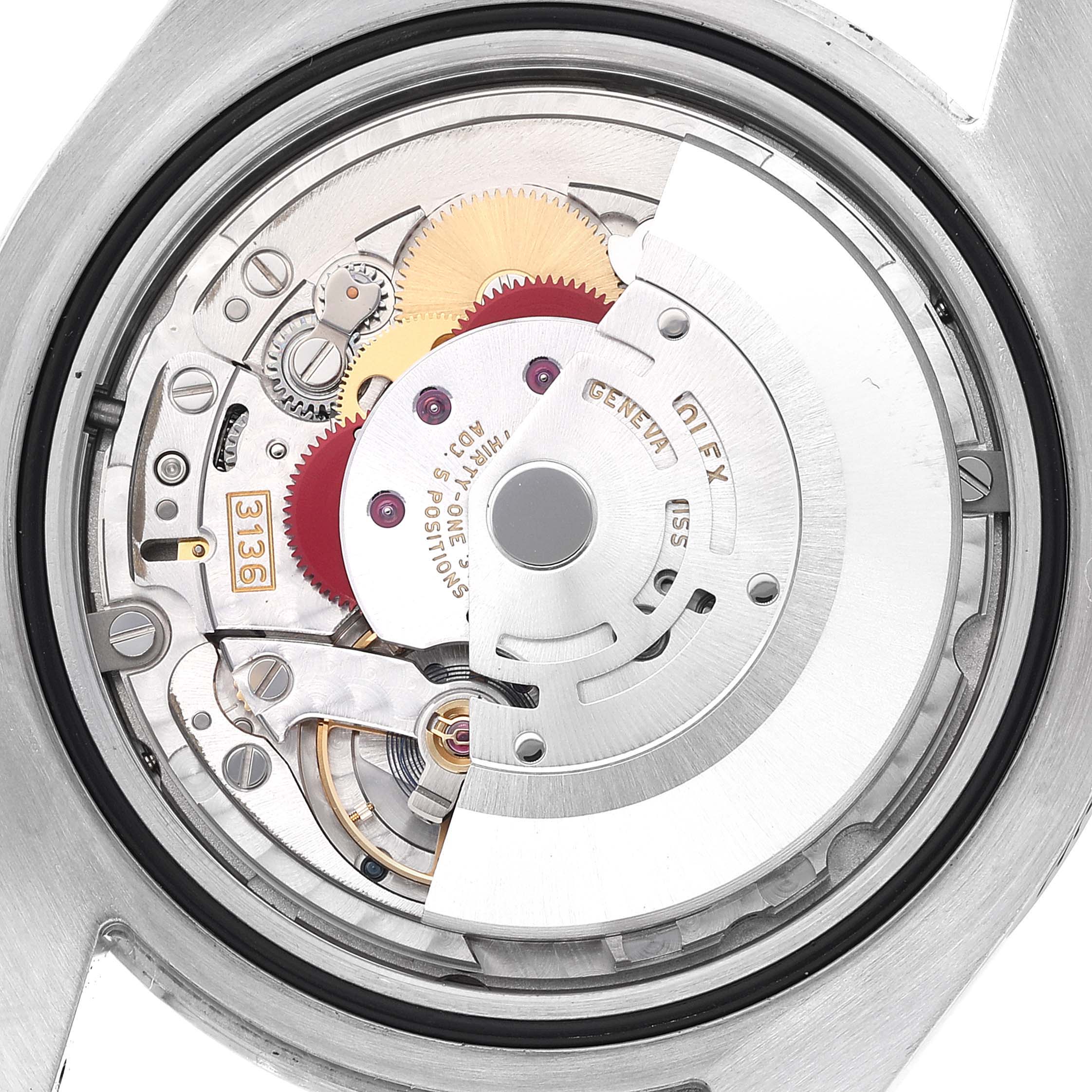This image shows the movement and internal mechanisms of a Rolex Datejust 41 116300 Men's Stainless Steel Blue Dial 116300 Men's Stainless Steel Blue Dial watch from a rear-angle view.