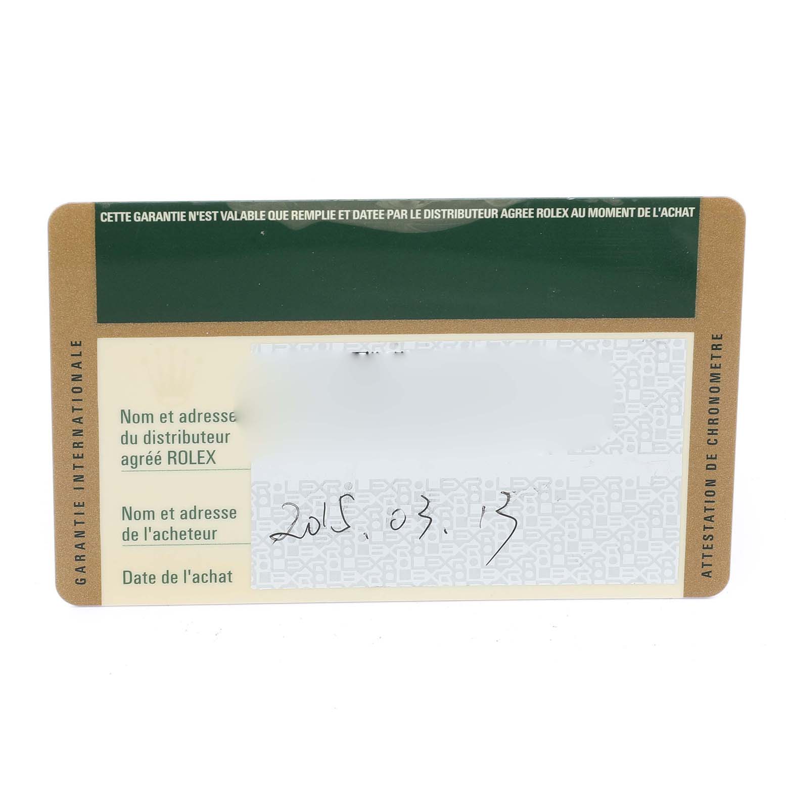 The image shows the front side of a warranty card for a Rolex Datejust 41 116300 Men's Stainless Steel Blue Dial 116300 Men's Stainless Steel Blue Dial watch.