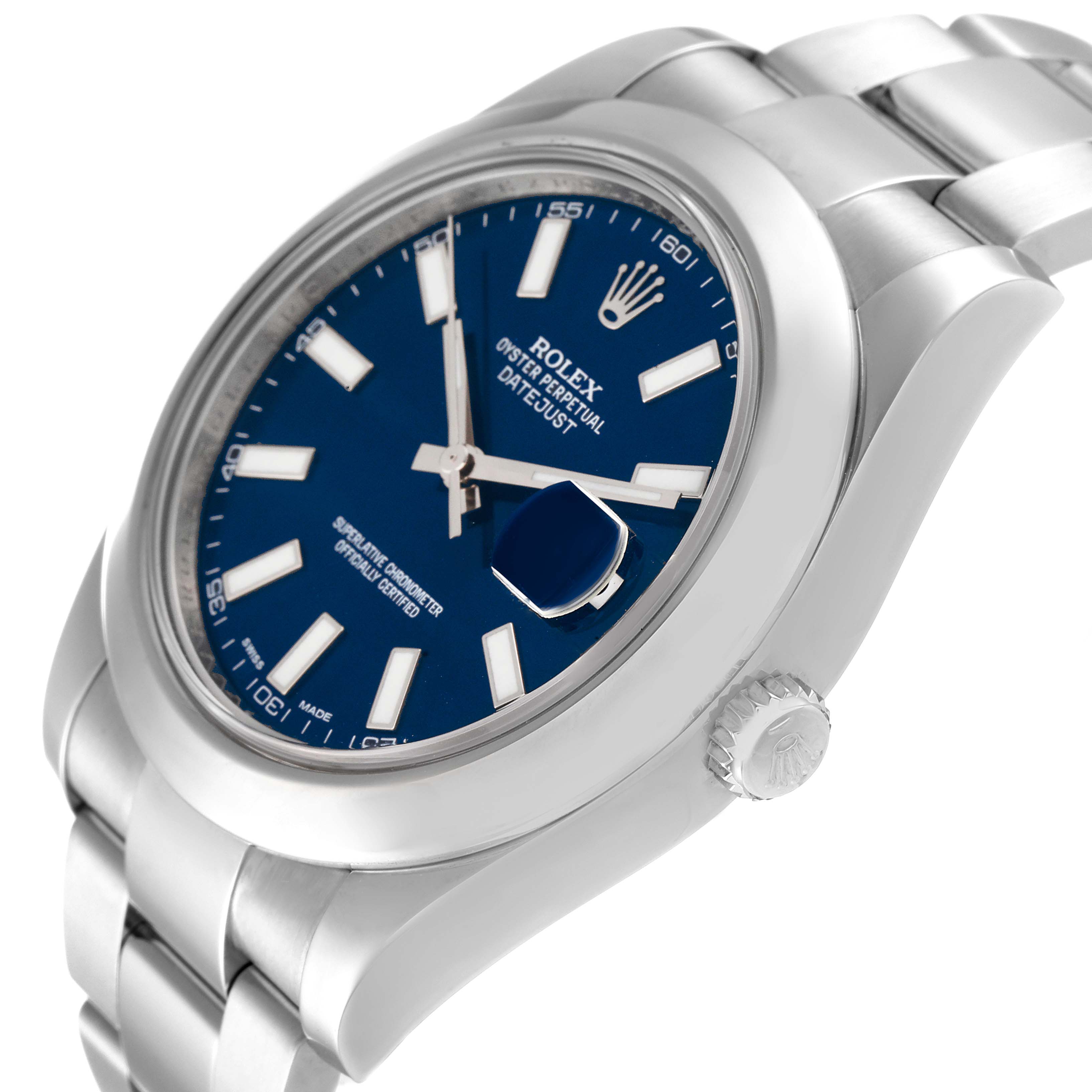 This image shows a side-angle view of the Rolex Datejust 41 116300 Men's Stainless Steel Blue Dial 116300 Men's Stainless Steel Blue Dial watch, highlighting the crown, bracelet, and blue dial.