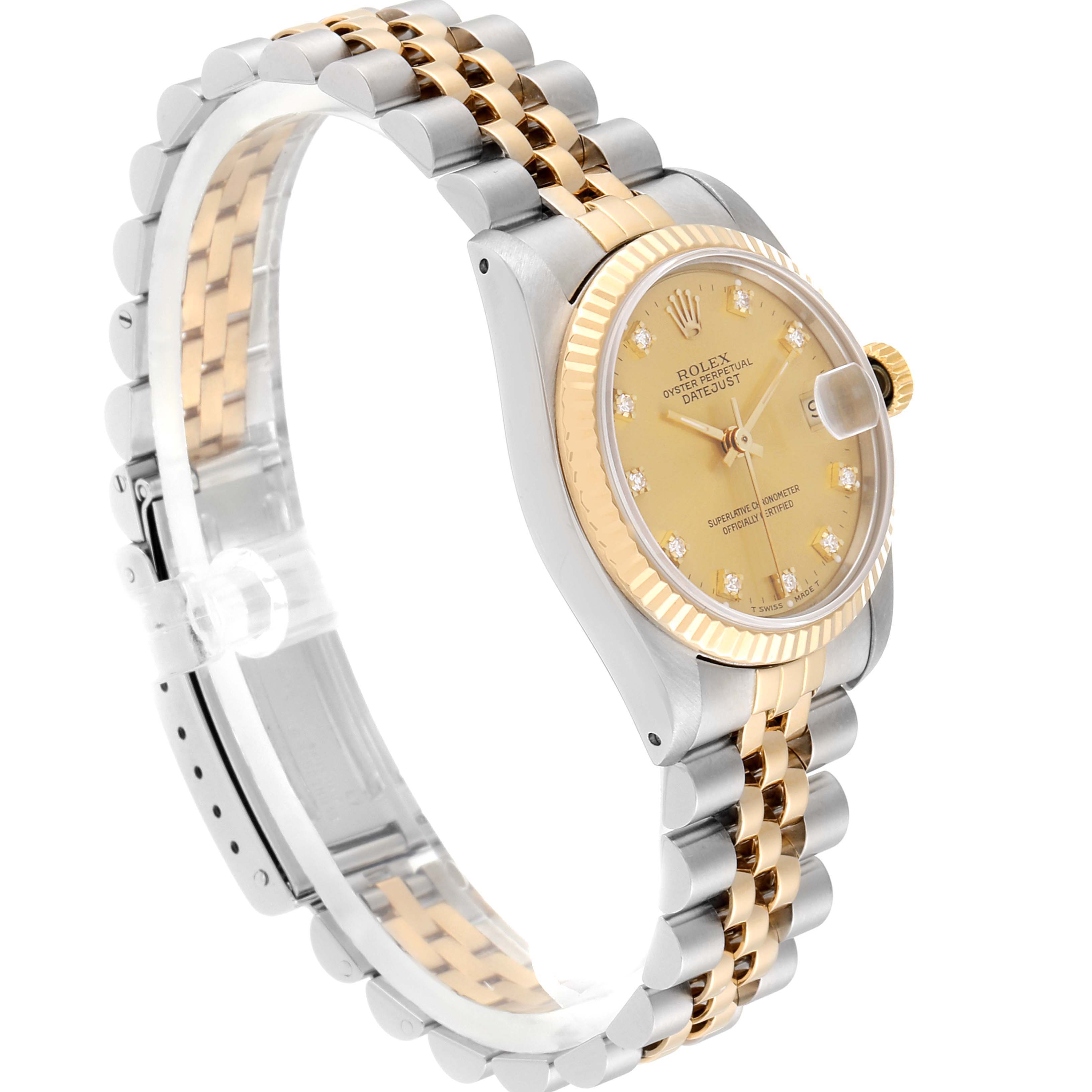 The Rolex Mid-Size 68273 Women
s Steel and Gold (two tone) Champagne Dial 68273 Women
s Steel and Gold (two tone) Champagne Dial watch is shown at a three-quarter angle, highlighting its two-tone bracelet, fluted bezel, and gold dial with diamond markers.