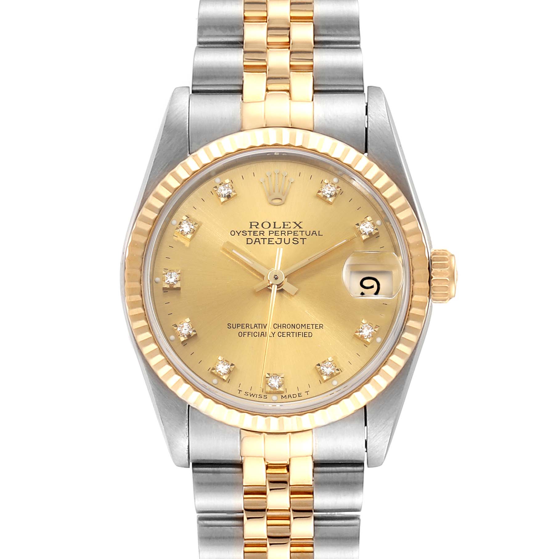 The image shows a frontal view of a Rolex Mid-Size 68273 Women
s Steel and Gold (two tone) Champagne Dial 68273 Women
s Steel and Gold (two tone) Champagne Dial Datejust watch, highlighting its dial, bezel, and bracelet.