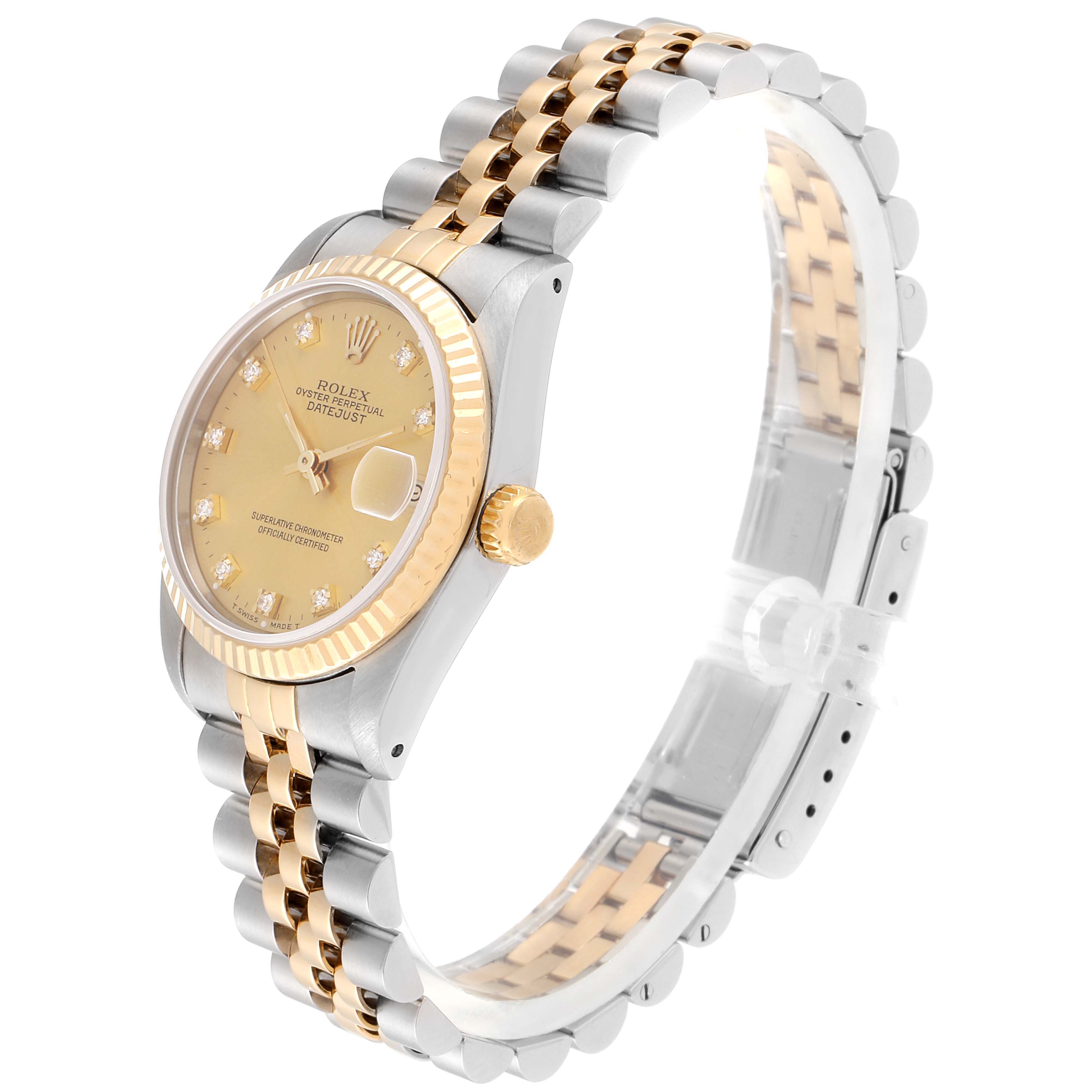 The Rolex Mid-Size 68273 Women
s Steel and Gold (two tone) Champagne Dial 68273 Women
s Steel and Gold (two tone) Champagne Dial Datejust watch is shown at a side angle, highlighting its two-tone bracelet and gold dial.