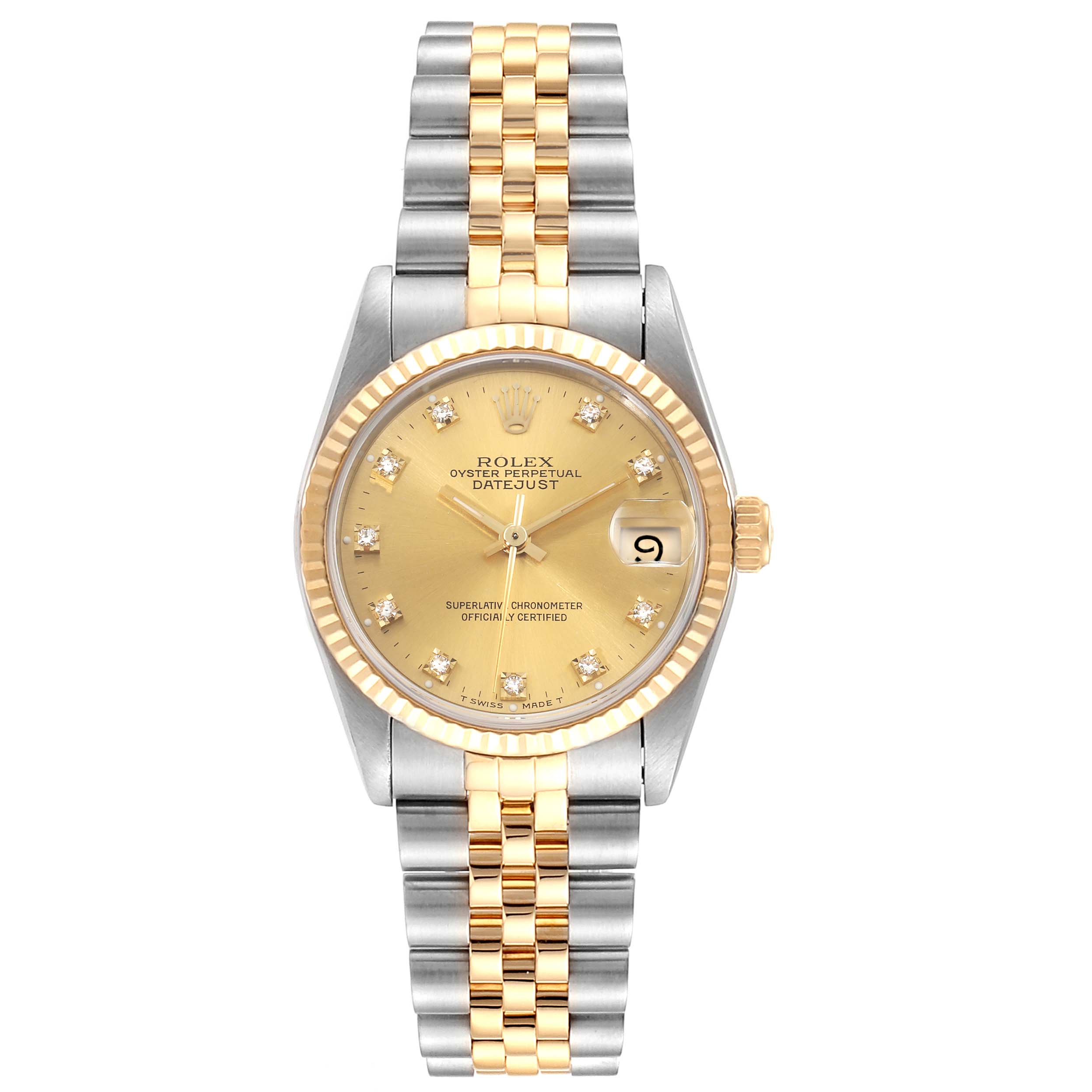 This is a front view of a Rolex Oyster Perpetual Datejust Mid-Size model, showing the gold dial, fluted bezel, and two-tone bracelet.