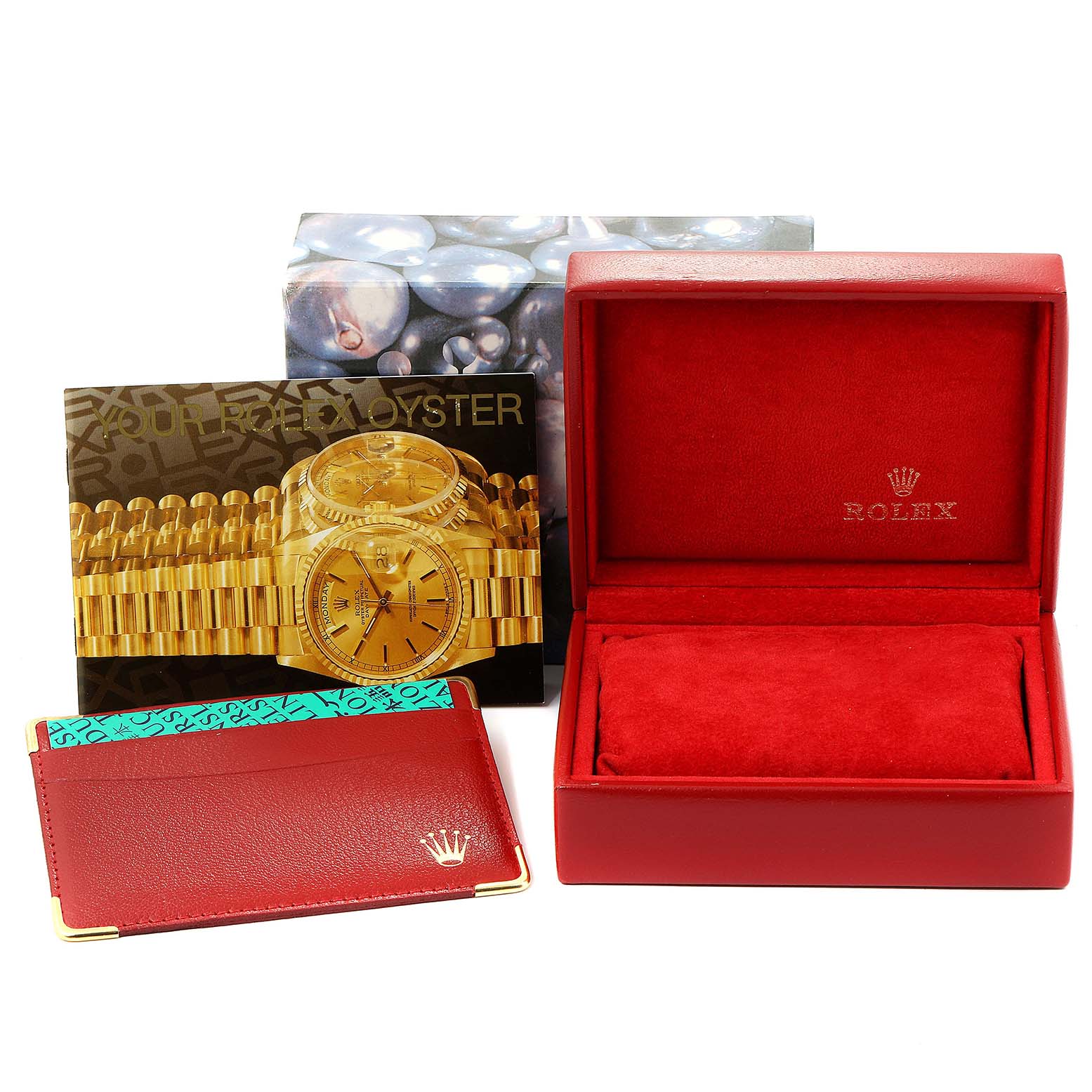 The image shows a Rolex Mid-Size 68273 Women
s Steel and Gold (two tone) Champagne Dial 68273 Women
s Steel and Gold (two tone) Champagne Dial model watch box, warranty card holder, and booklet.