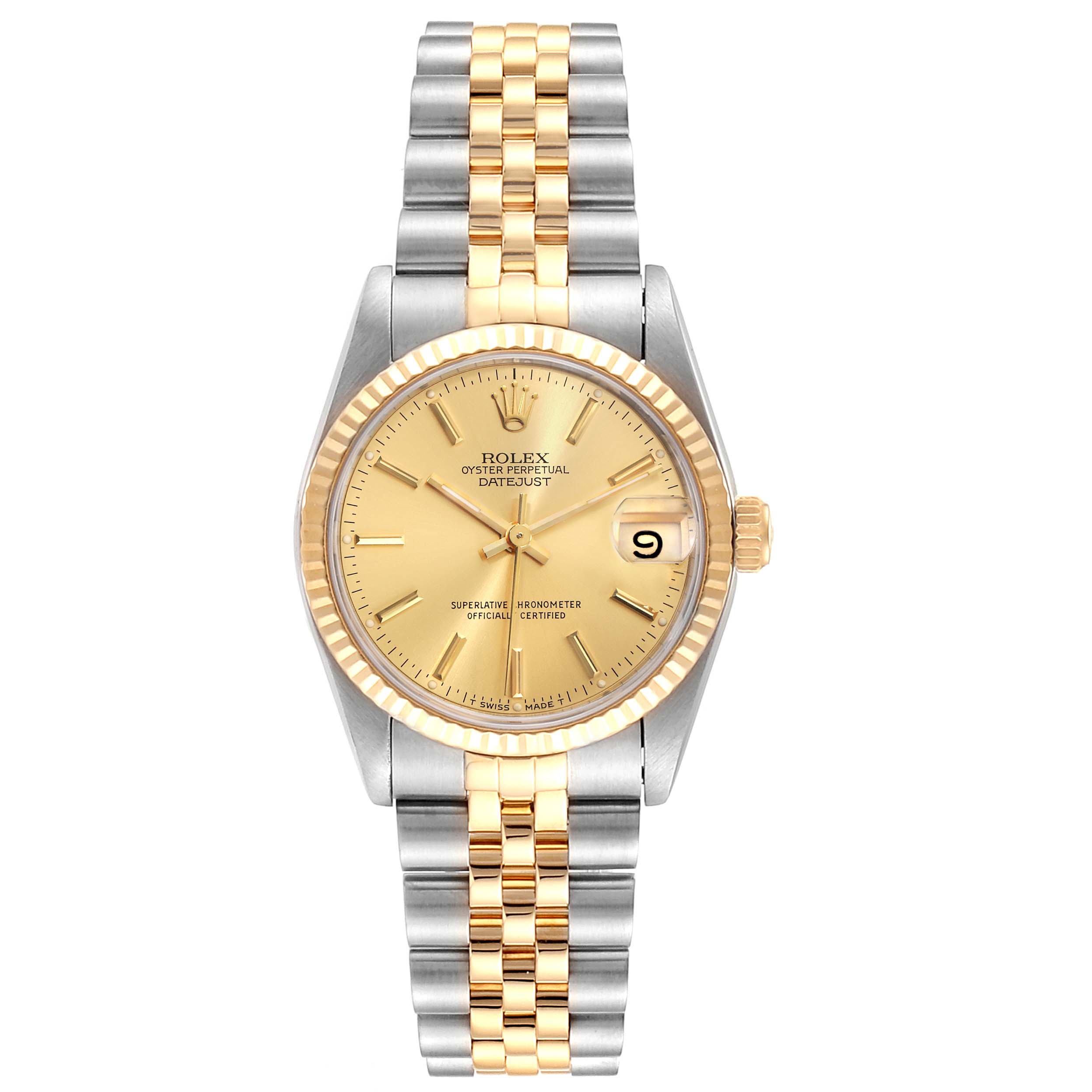 This image shows a frontal view of the Rolex Oyster Perpetual Datejust Mid-Size watch, highlighting the gold and silver bracelet and dial.