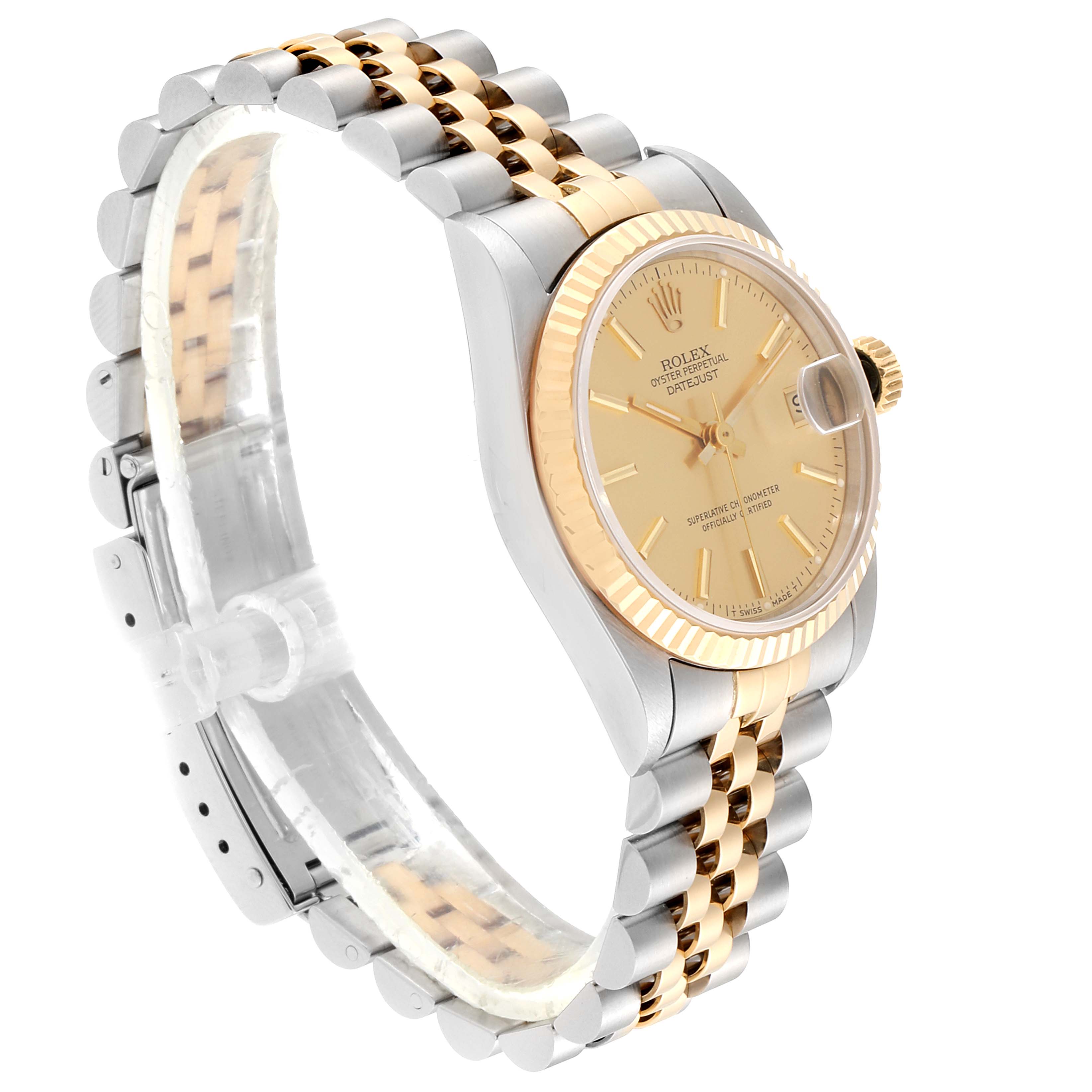 The Rolex Mid-Size 68273 Women
s Steel and Gold (two tone) Champagne Dial 68273 Women
s Steel and Gold (two tone) Champagne Dial watch is shown at a slight angle, highlighting its golden dial, bezel, and two-tone bracelet.