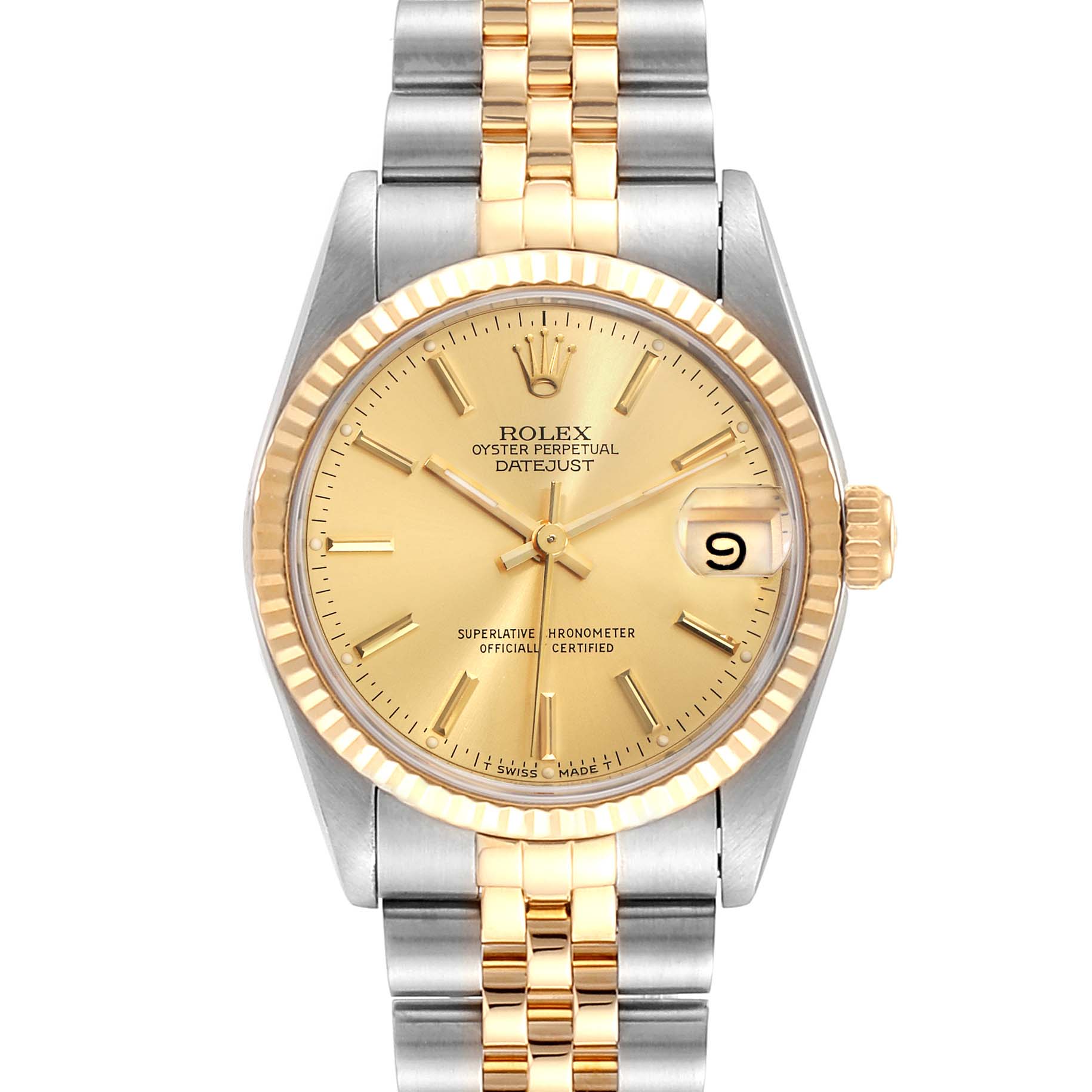 The image shows a front view of a Mid-Size Rolex Oyster Perpetual Datejust, highlighting the dial, bezel, and bracelet.