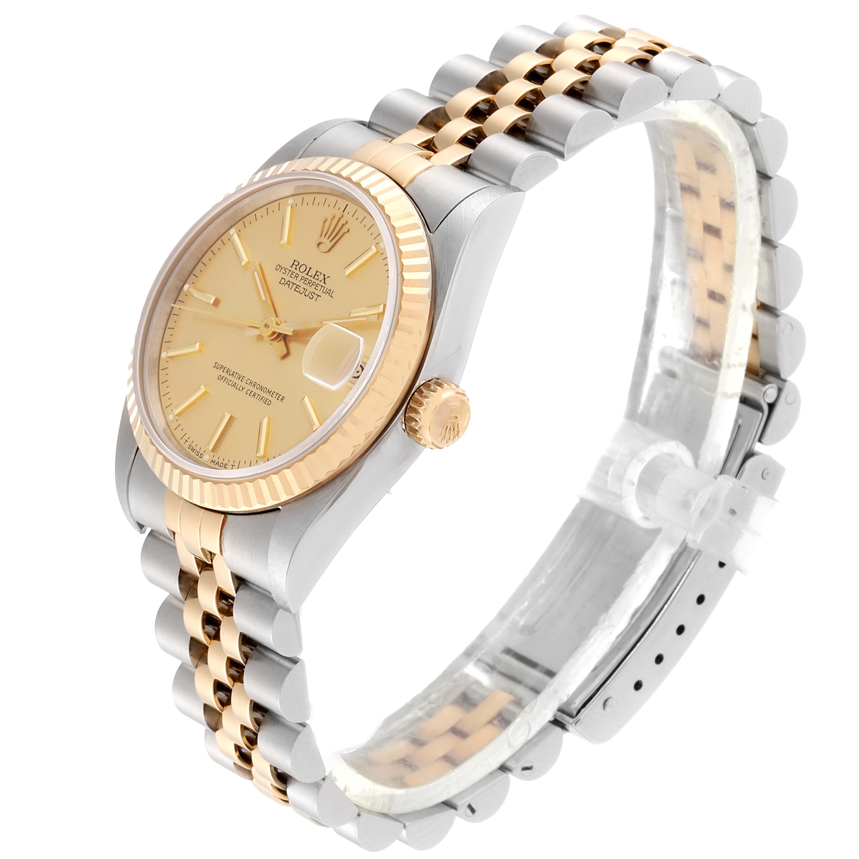 The image shows a Rolex Mid-Size 68273 Women
s Steel and Gold (two tone) Champagne Dial 68273 Women
s Steel and Gold (two tone) Champagne Dial model from an oblique angle, highlighting the face, bezel, crown, and bracelet.