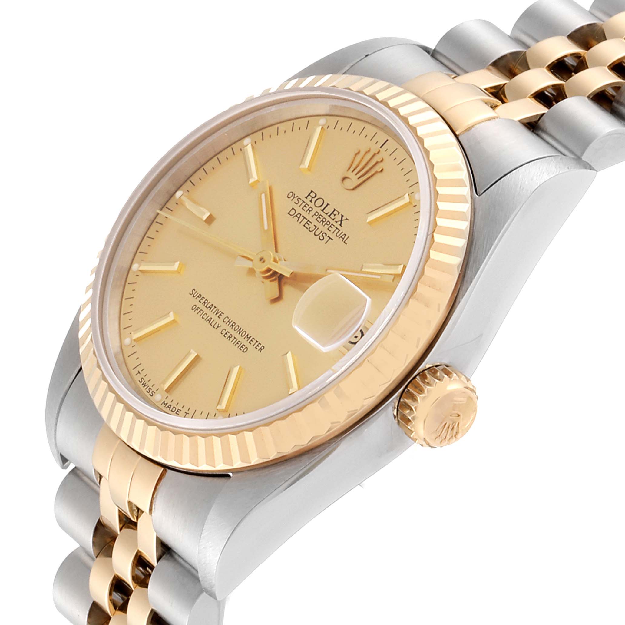 This image shows the front and side view of a mid-size Rolex Oyster Perpetual Datejust watch, including the dial, crown, and bracelet.