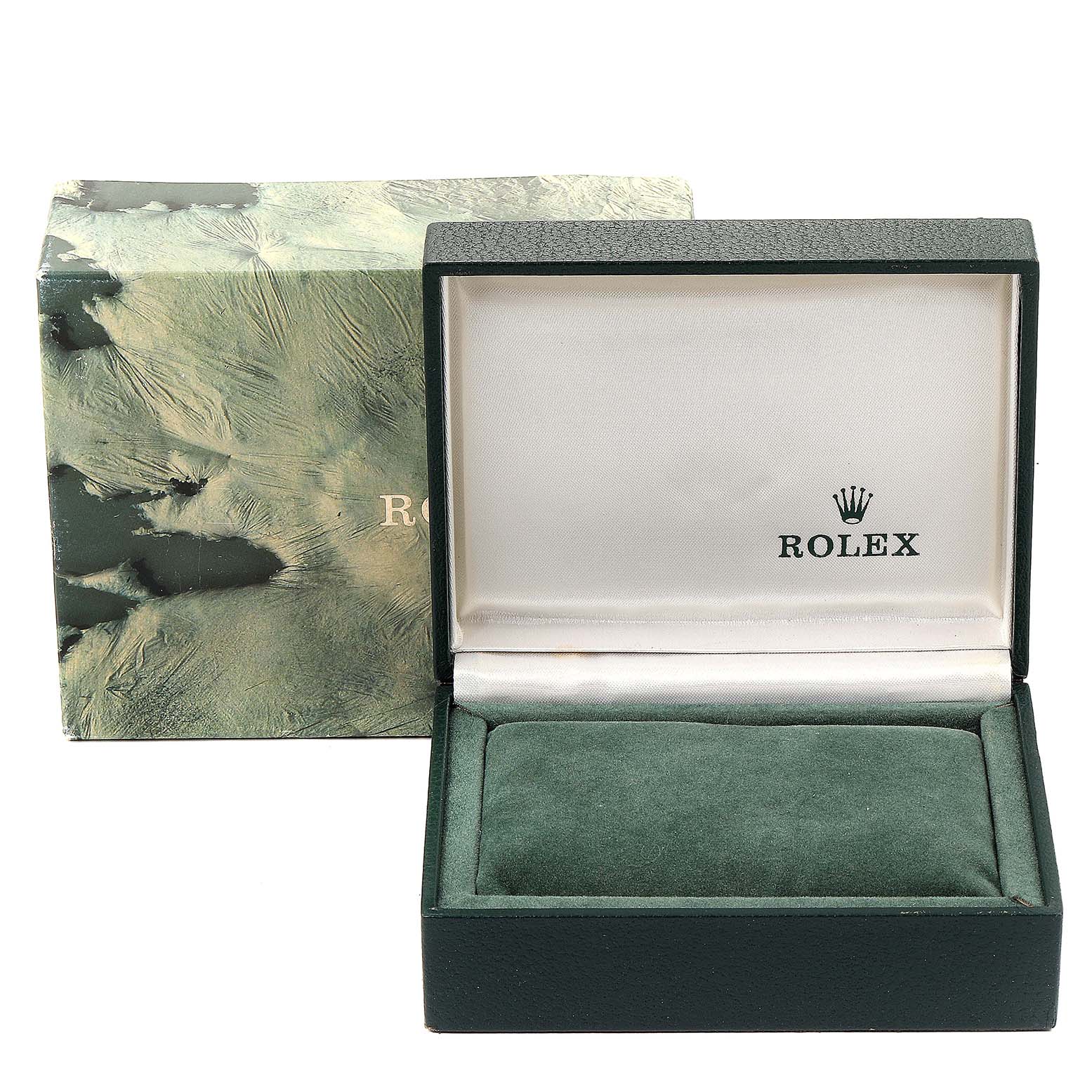 The image shows the open green box and outer packaging for a Mid-Size Rolex watch, with the interior lid displaying the Rolex logo.