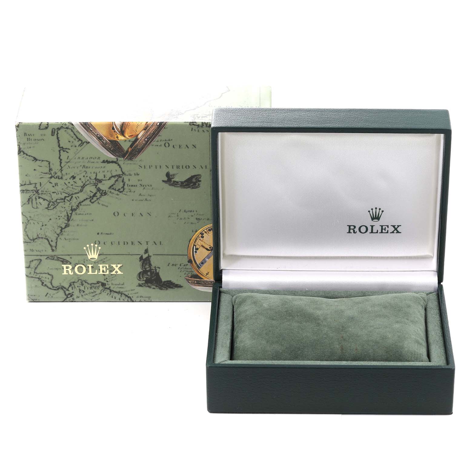 The image shows an open Rolex Mid-Size 68273 Women's Steel and Gold (two tone) White Dial 68273 Women's Steel and Gold (two tone) White Dial watch box and its outer case, viewed from the front.