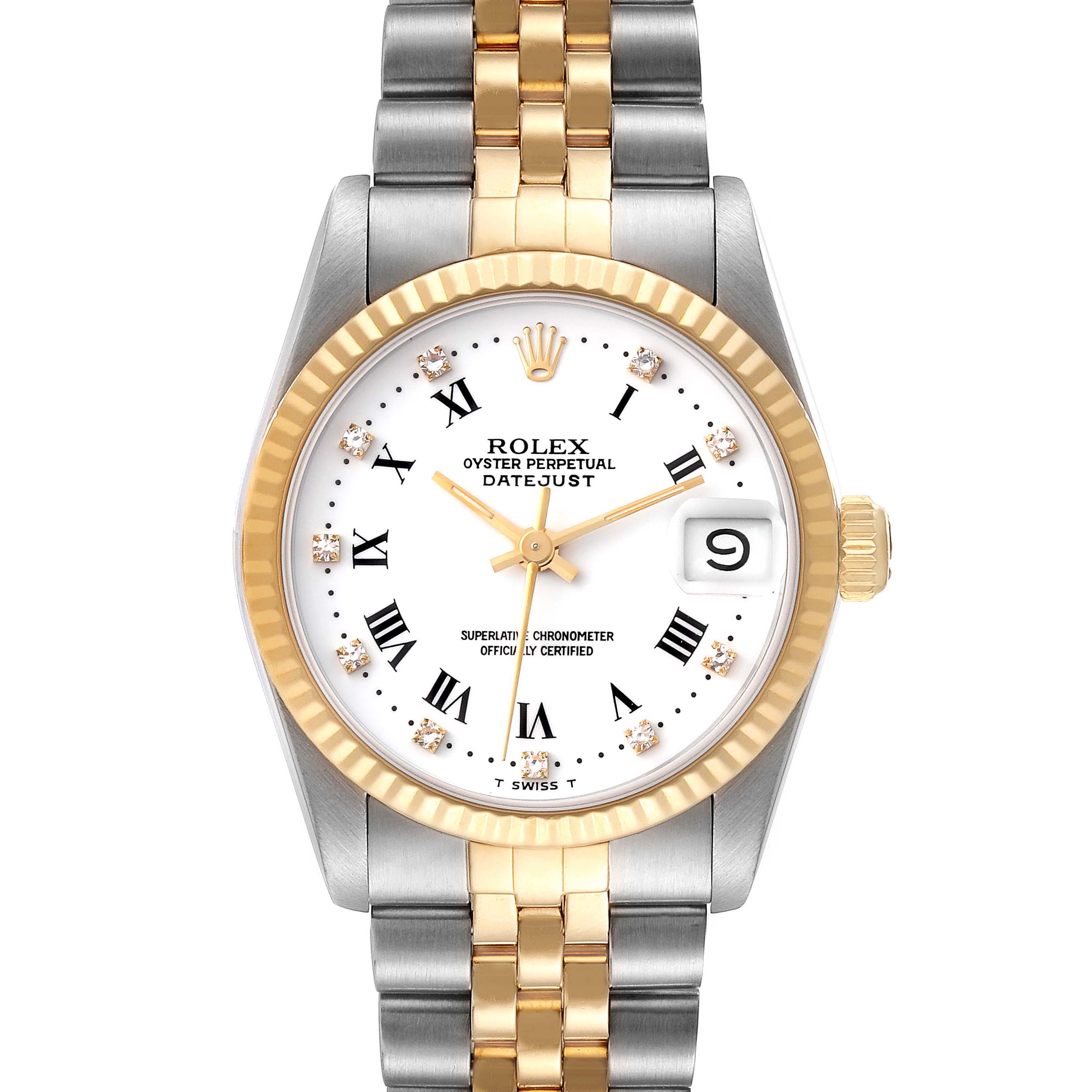 This image shows a front view of a Rolex Mid-Size 68273 Women's Steel and Gold (two tone) White Dial 68273 Women's Steel and Gold (two tone) White Dial Datejust watch, highlighting its dial, bezel, and Jubilee bracelet.