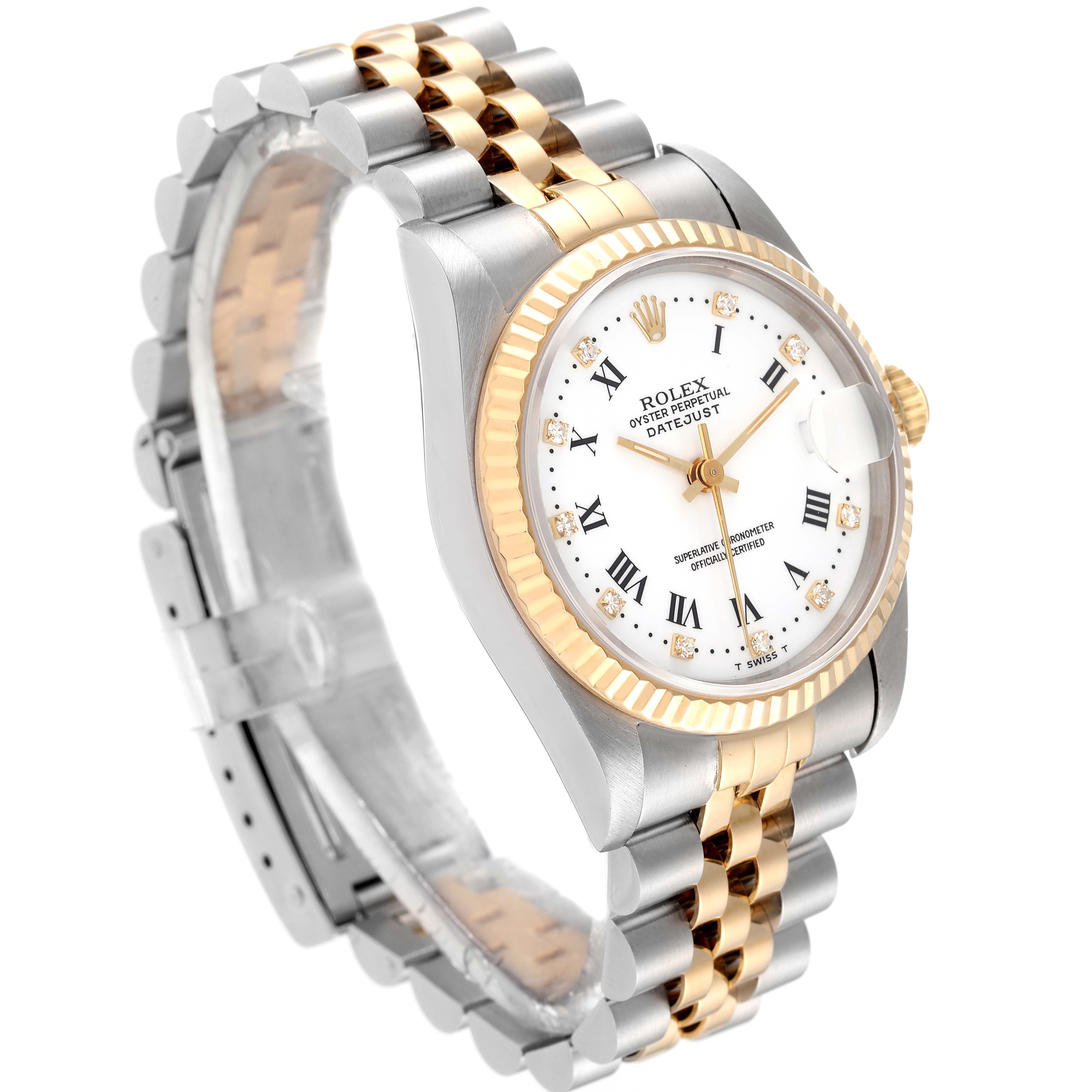 The Rolex Mid-Size 68273 Women's Steel and Gold (two tone) White Dial 68273 Women's Steel and Gold (two tone) White Dial model watch is shown from a front-left angle, displaying its dial, bezel, and part of the bracelet.