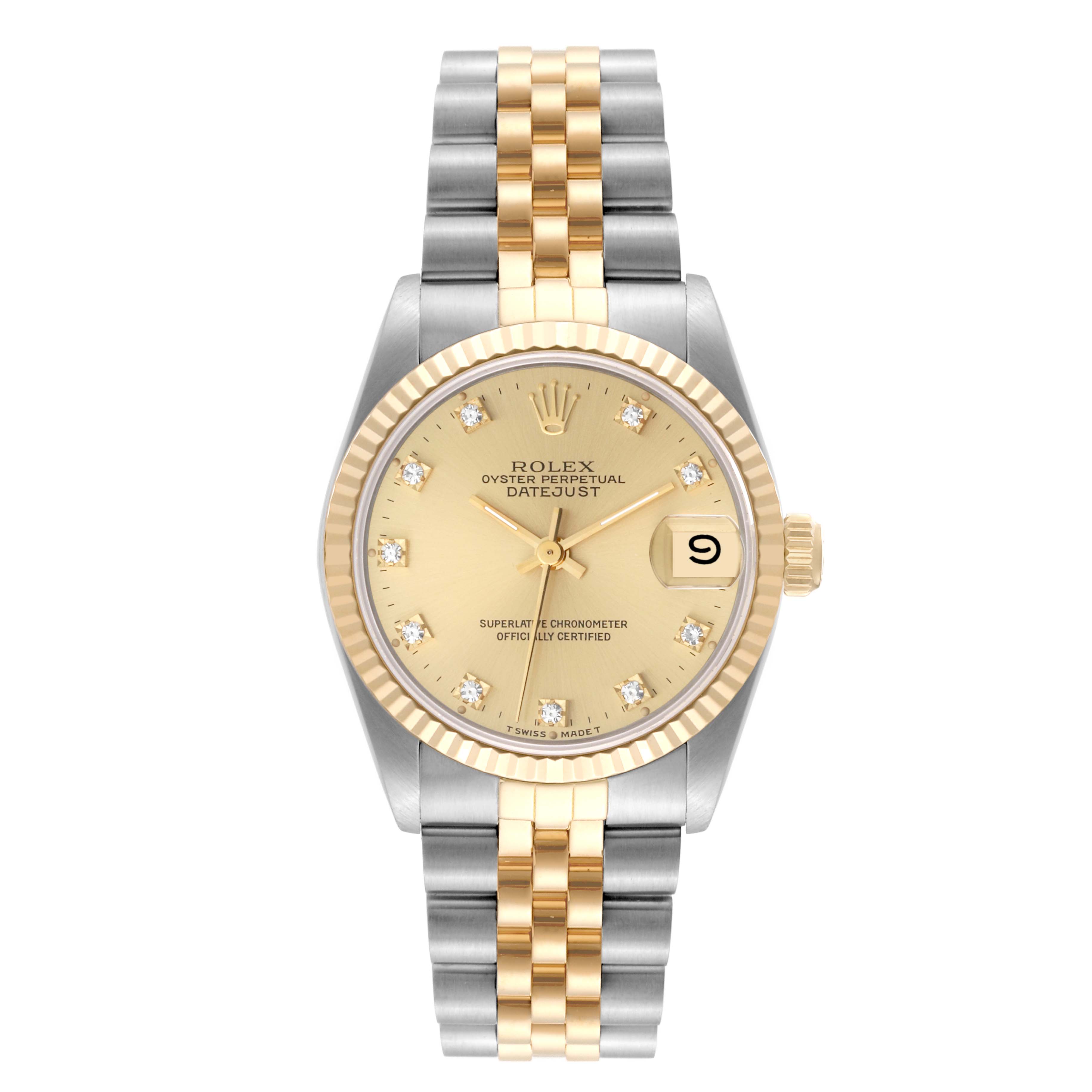 The image shows the front view of a Rolex Datejust Mid-Size watch with a gold and silver bracelet and a gold dial.