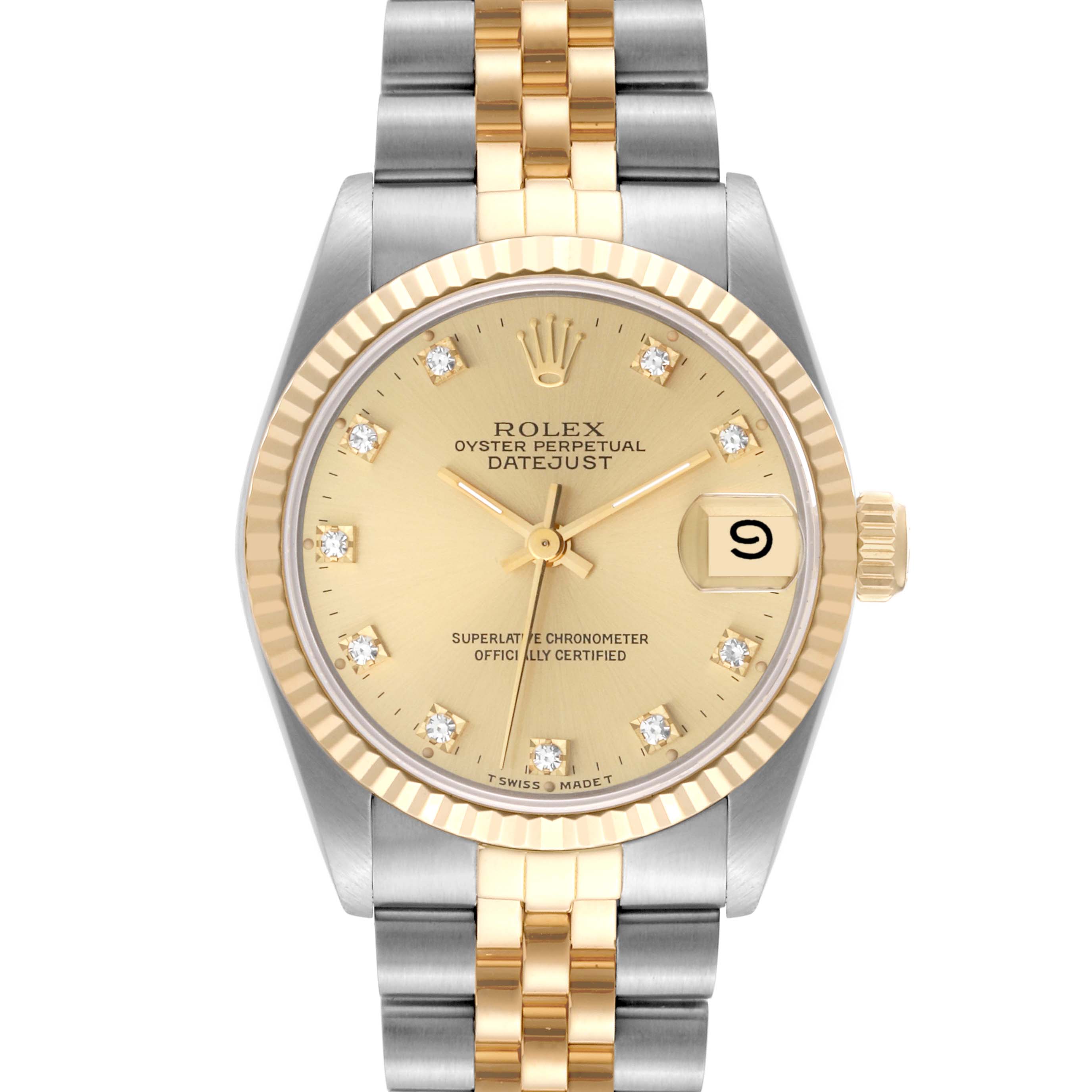 The image shows a front view of a Rolex Mid-Size 68273 Women's Steel and Gold (two tone) Champagne Dial 68273 Women's Steel and Gold (two tone) Champagne Dial Datejust watch, highlighting its dial, bezel, and bracelet.