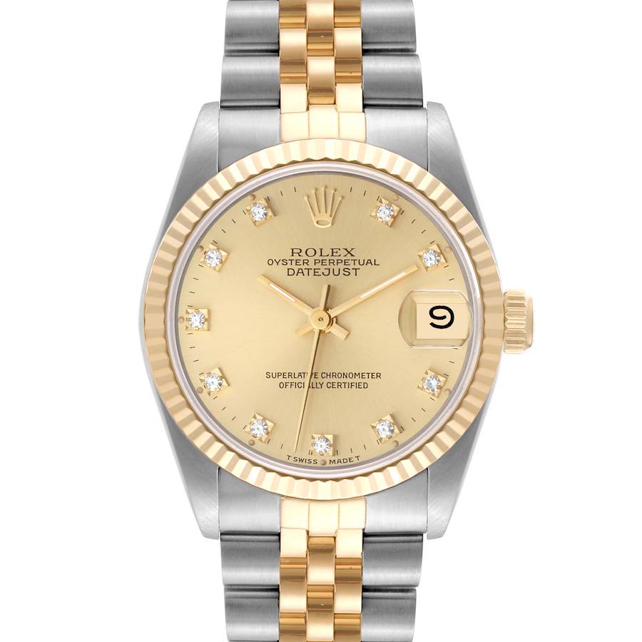 The image shows a front view of a Rolex Mid-Size Datejust watch, highlighting its dial, bezel, and bracelet.