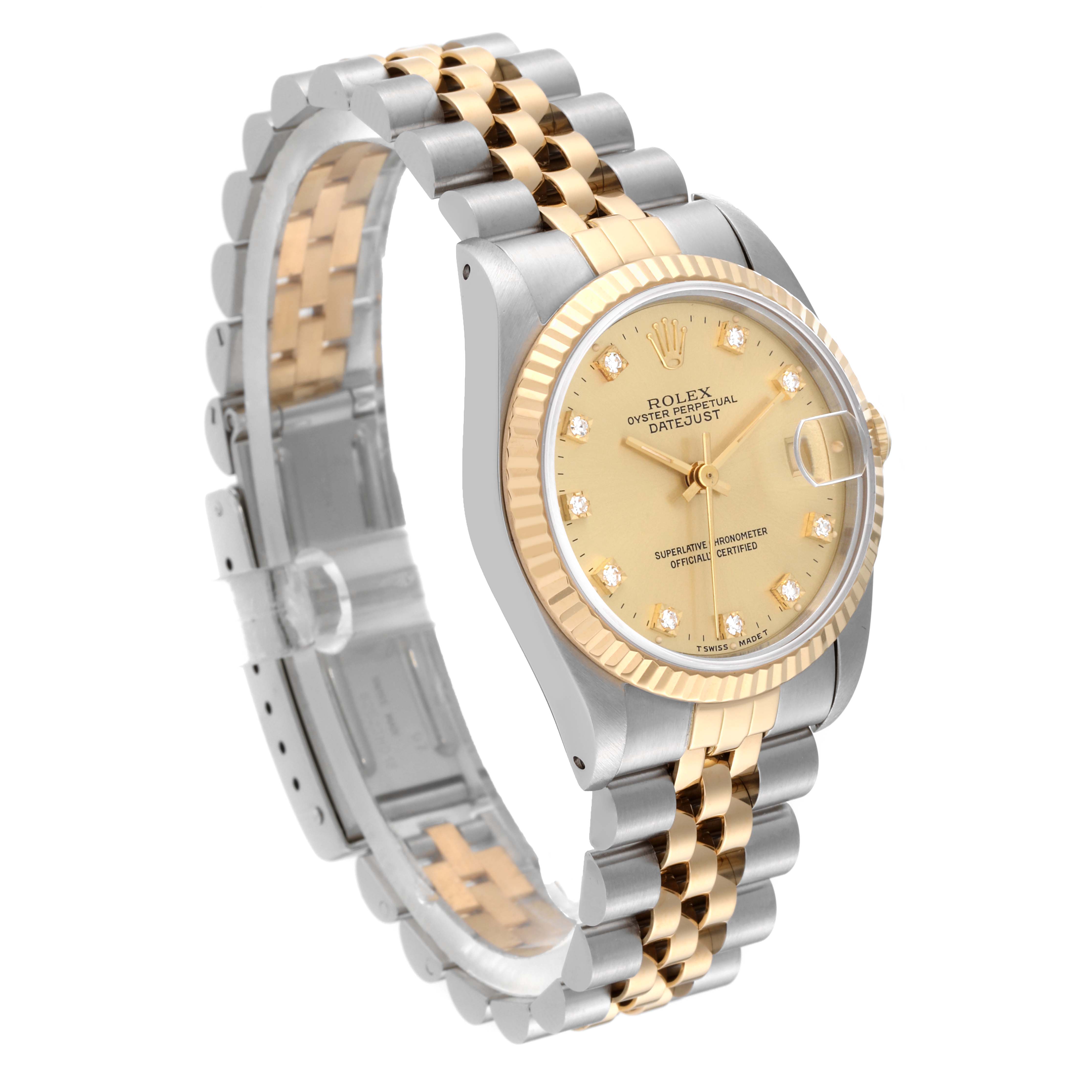 The angled view of the Mid-Size Rolex watch shows the face, bezel, crown, and two-tone bracelet.