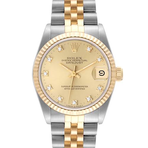 The Rolex Mid-Size Datejust watch is shown from the front, highlighting its dial, bezel, and two-tone bracelet.