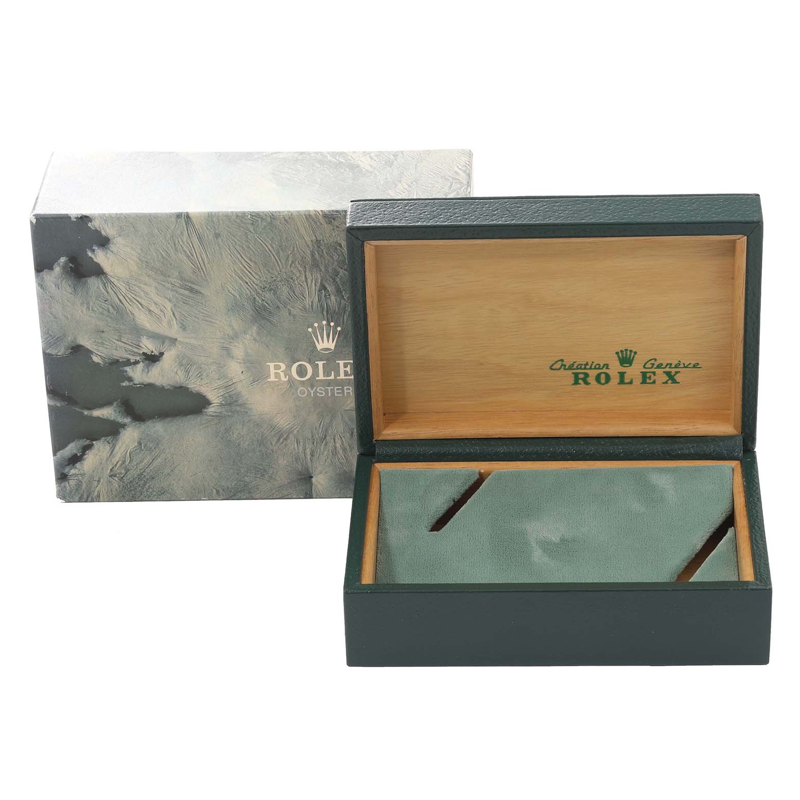 The image shows an open Rolex watch box for a Mid-Size model, revealing the interior with green and wood finishes and the outer box.