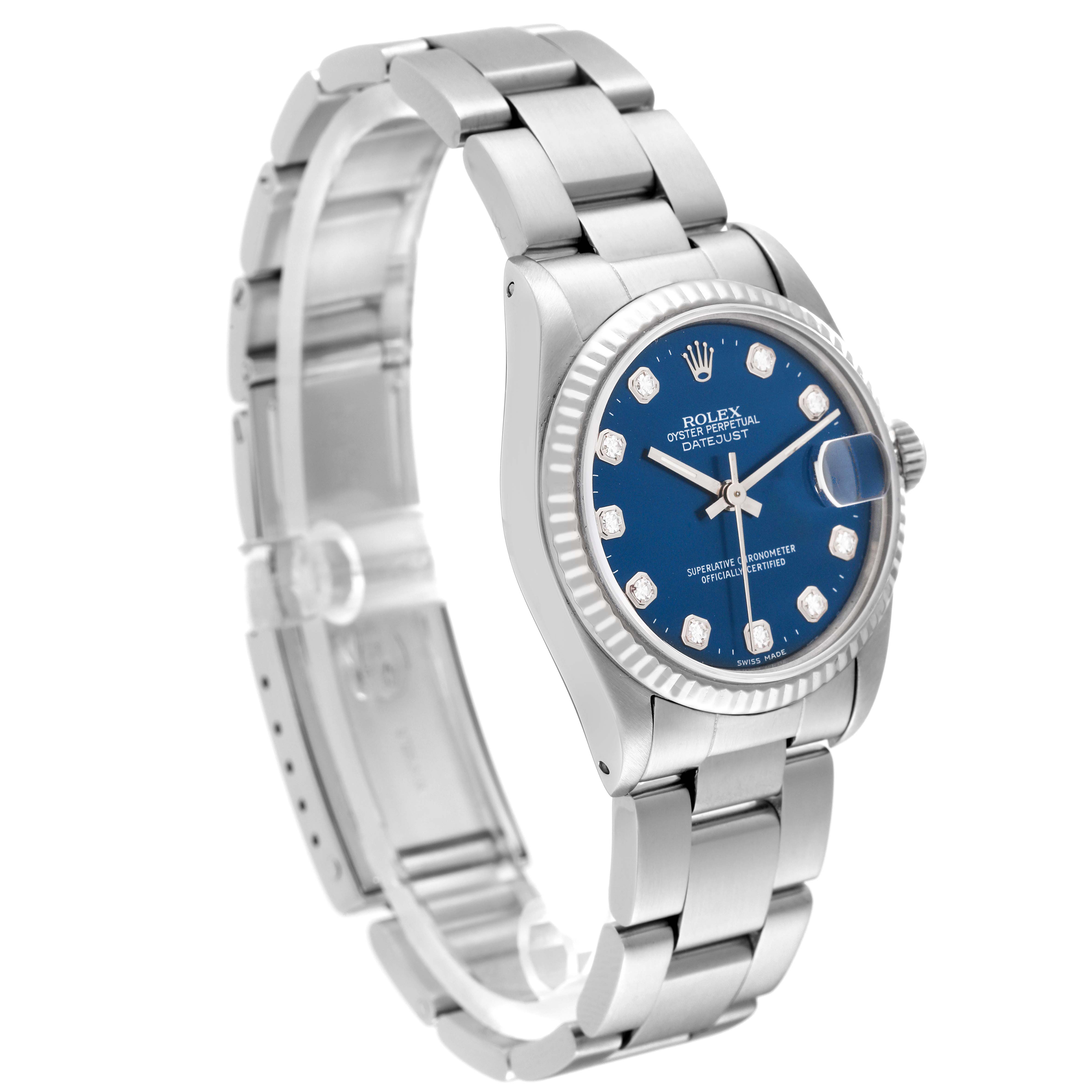 This image shows a side angle view of a Rolex Mid-Size 68274 Women's Stainless Steel Blue Dial 68274 Women's Stainless Steel Blue Dial Datejust watch with a blue dial and a stainless steel bracelet.