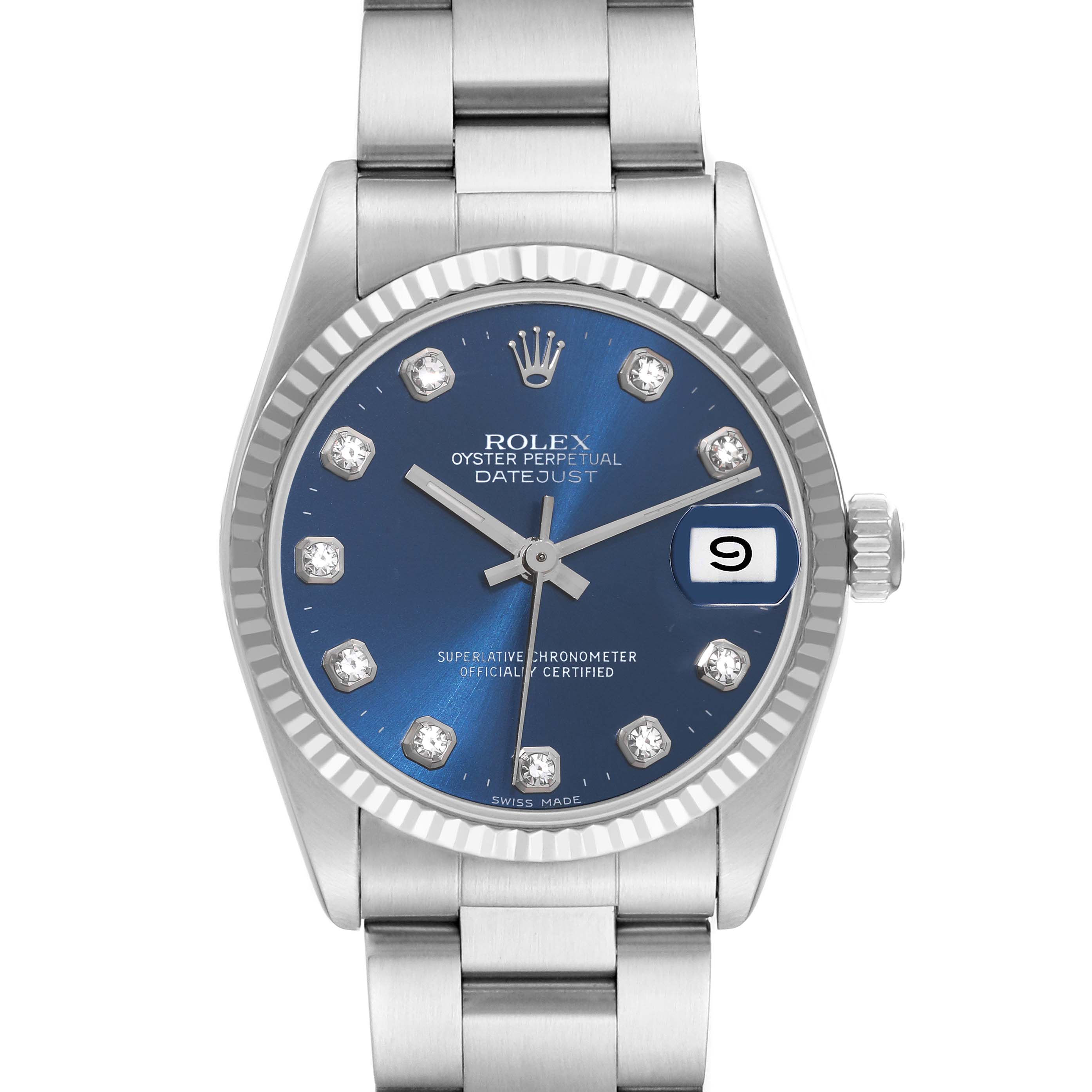 This is a front view of the Rolex Mid-Size 68274 Women's Stainless Steel Blue Dial 68274 Women's Stainless Steel Blue Dial Oyster Perpetual Datejust watch showing the dial, bezel, and part of the bracelet.