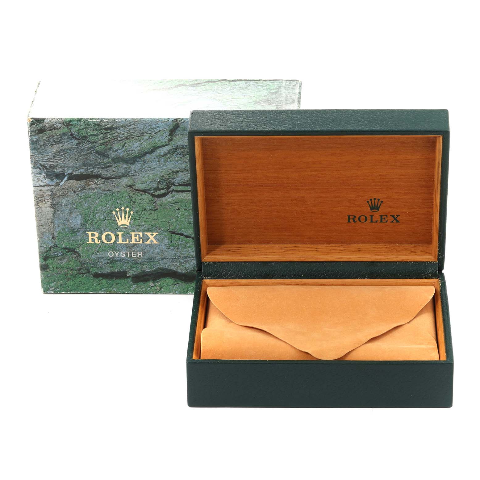 The image shows a Rolex Mid-Size 68274 Women's Stainless Steel Blue Dial 68274 Women's Stainless Steel Blue Dial watch box, with the outer box and inner wooden box both opened.