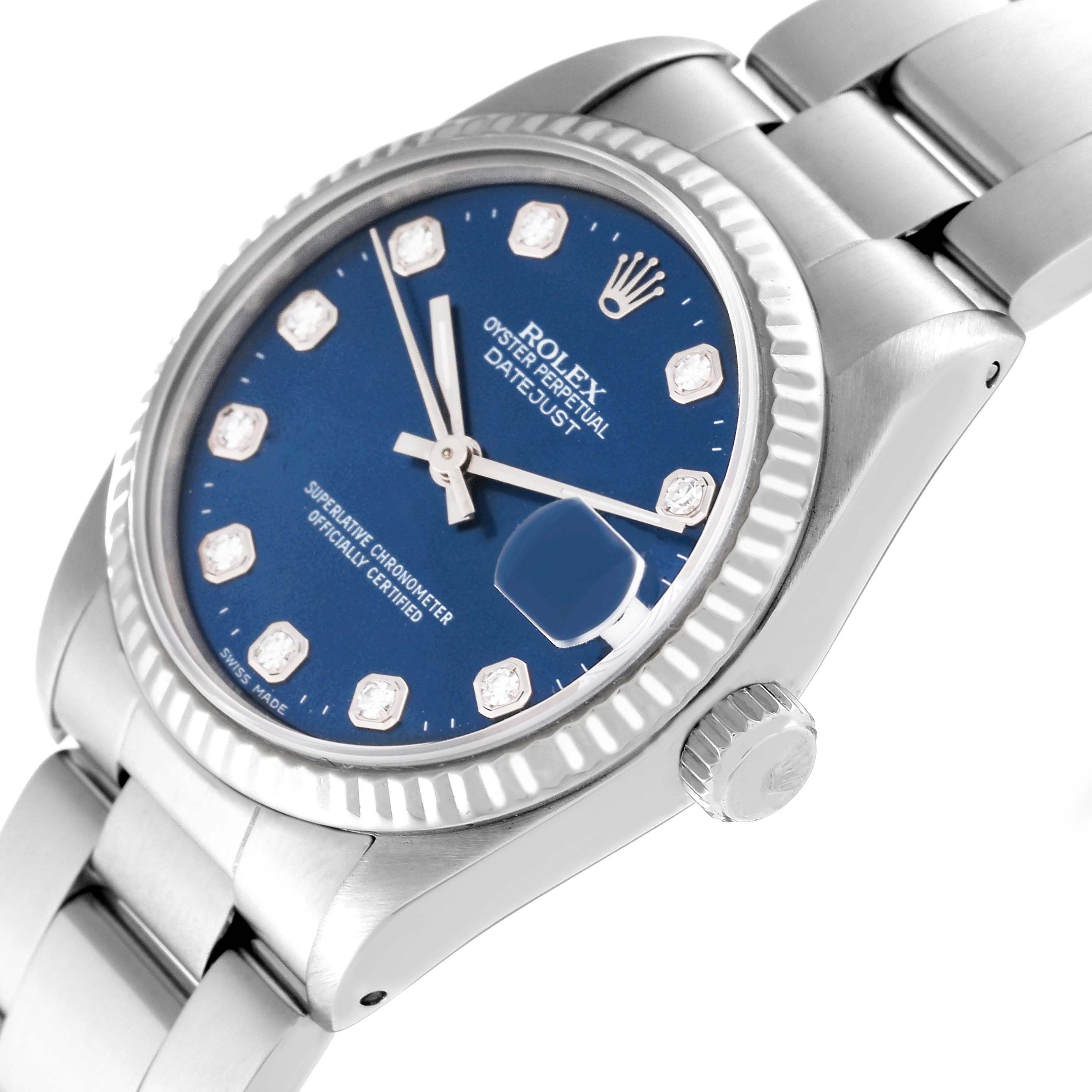 This image shows a tilted view of the Rolex Mid-Size 68274 Women's Stainless Steel Blue Dial 68274 Women's Stainless Steel Blue Dial Datejust watch highlighting the dial, crown, and bracelet.