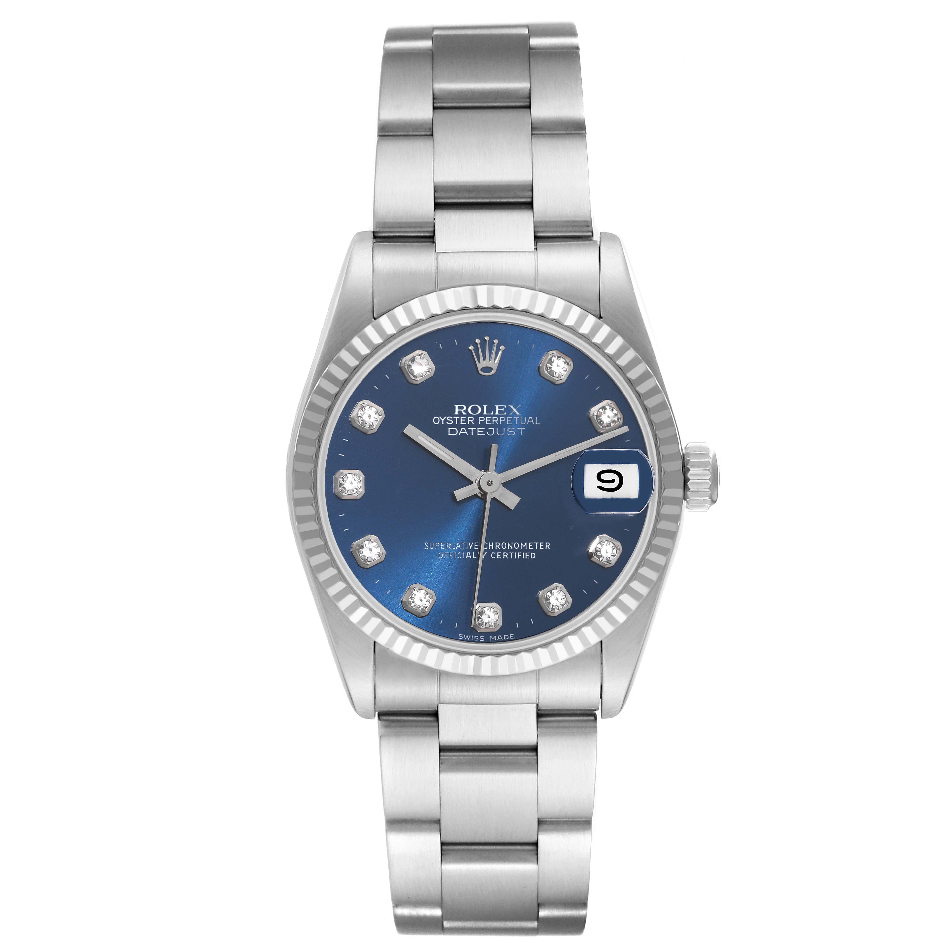 The watch is a Rolex Mid-Size 68274 Women's Stainless Steel Blue Dial 68274 Women's Stainless Steel Blue Dial Datejust shown from a front angle displaying the dial, bracelet, and date window.