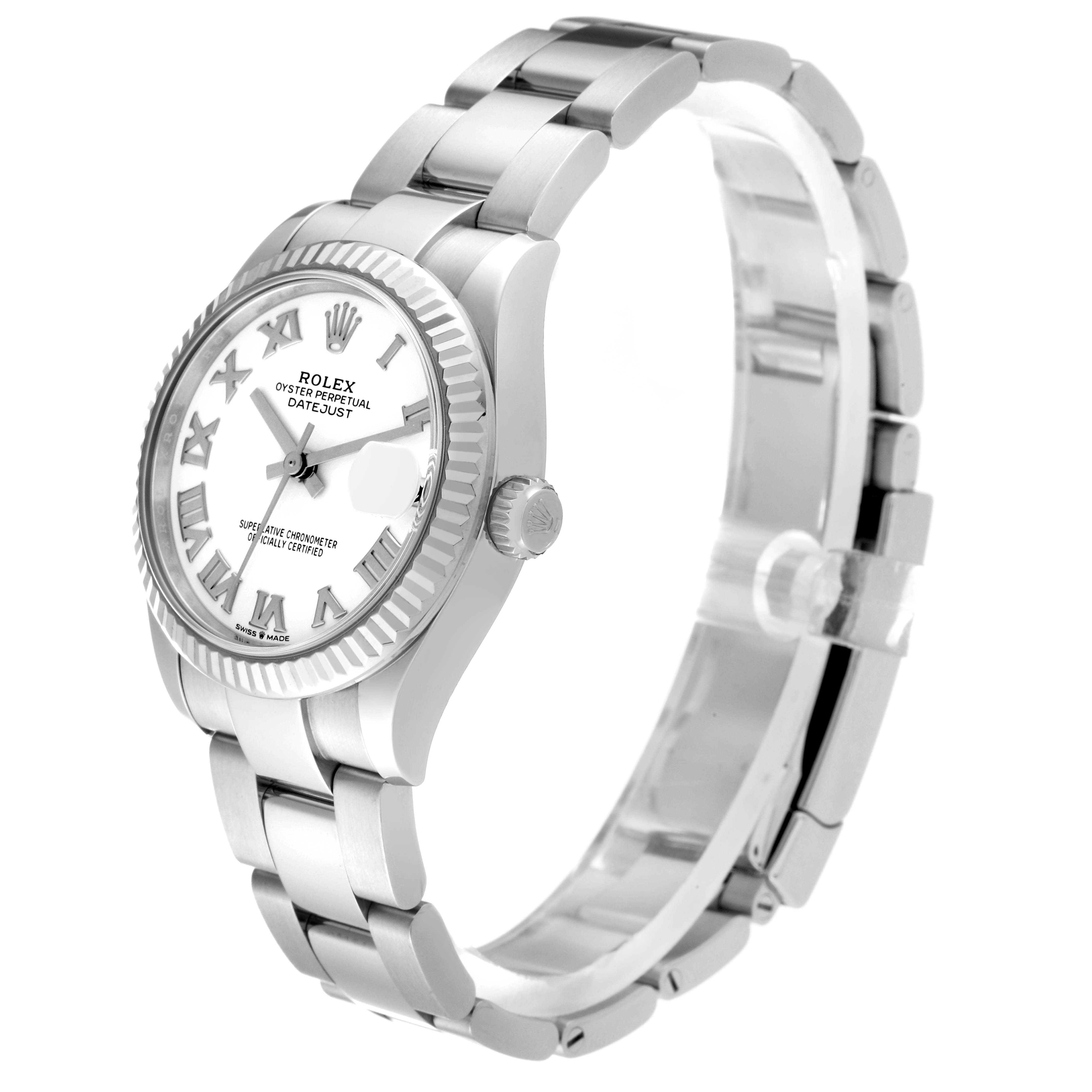 The image shows a side angle of a Rolex Mid-Size 278274 Women's Stainless Steel White Dial 278274 Women's Stainless Steel White Dial Oyster Perpetual Datejust, highlighting the face, bezel, crown, and bracelet.